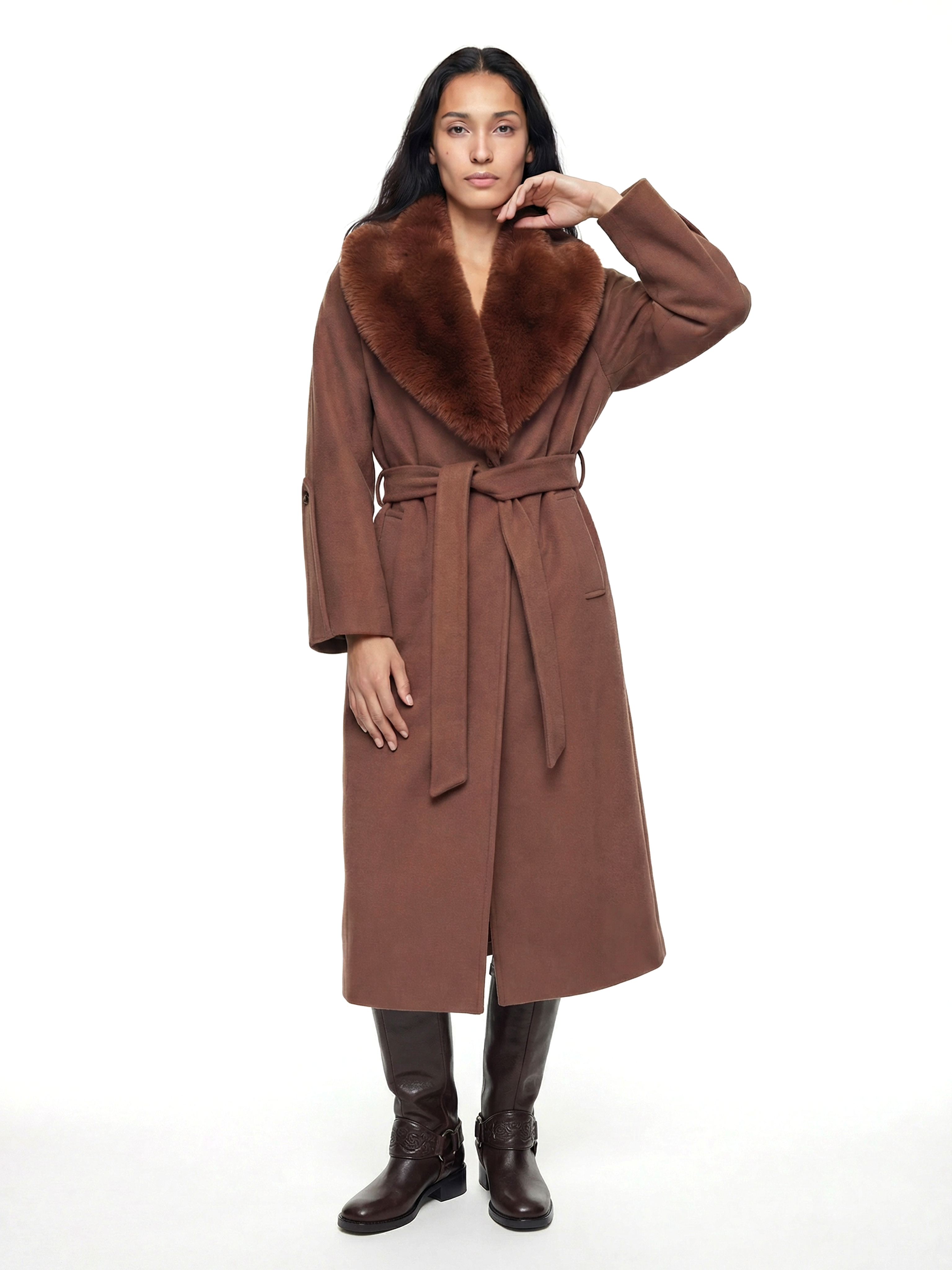 NANDO Yakası Kürklü Oversize Kaban - Kahverengi