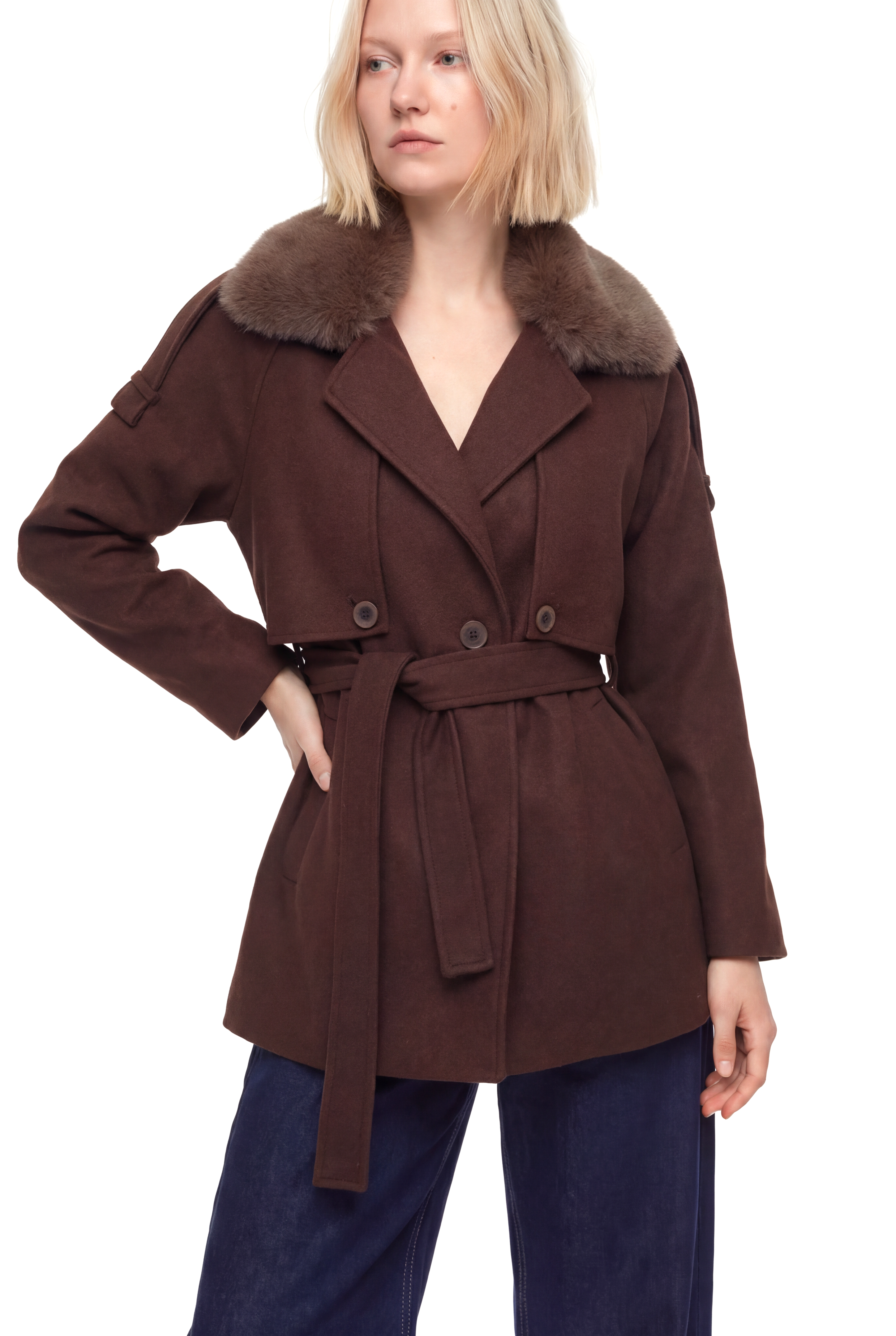 PEARLA Yakası Kürklü Kaban - Acı Kahve