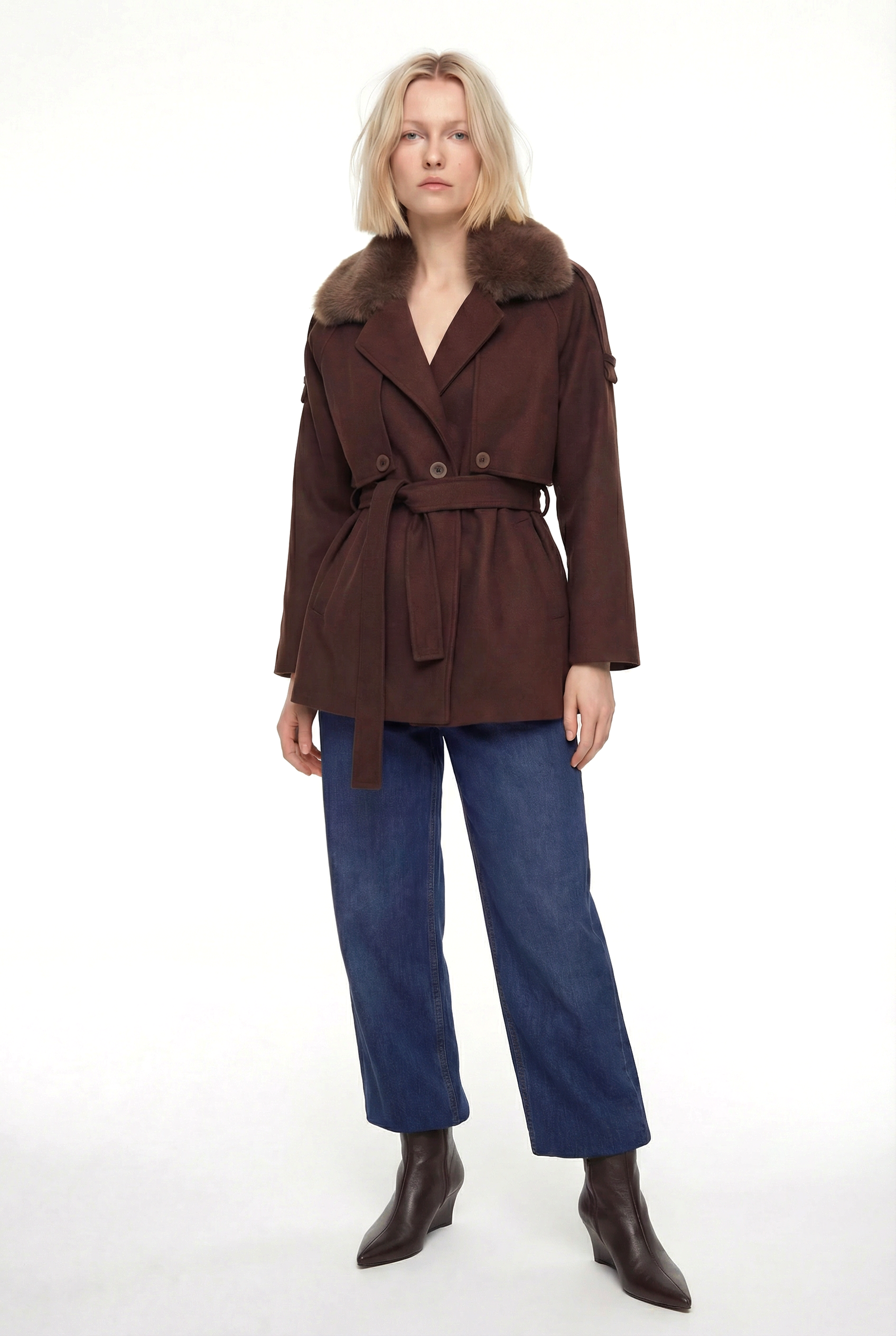 PEARLA Yakası Kürklü Kaban - Acı Kahve