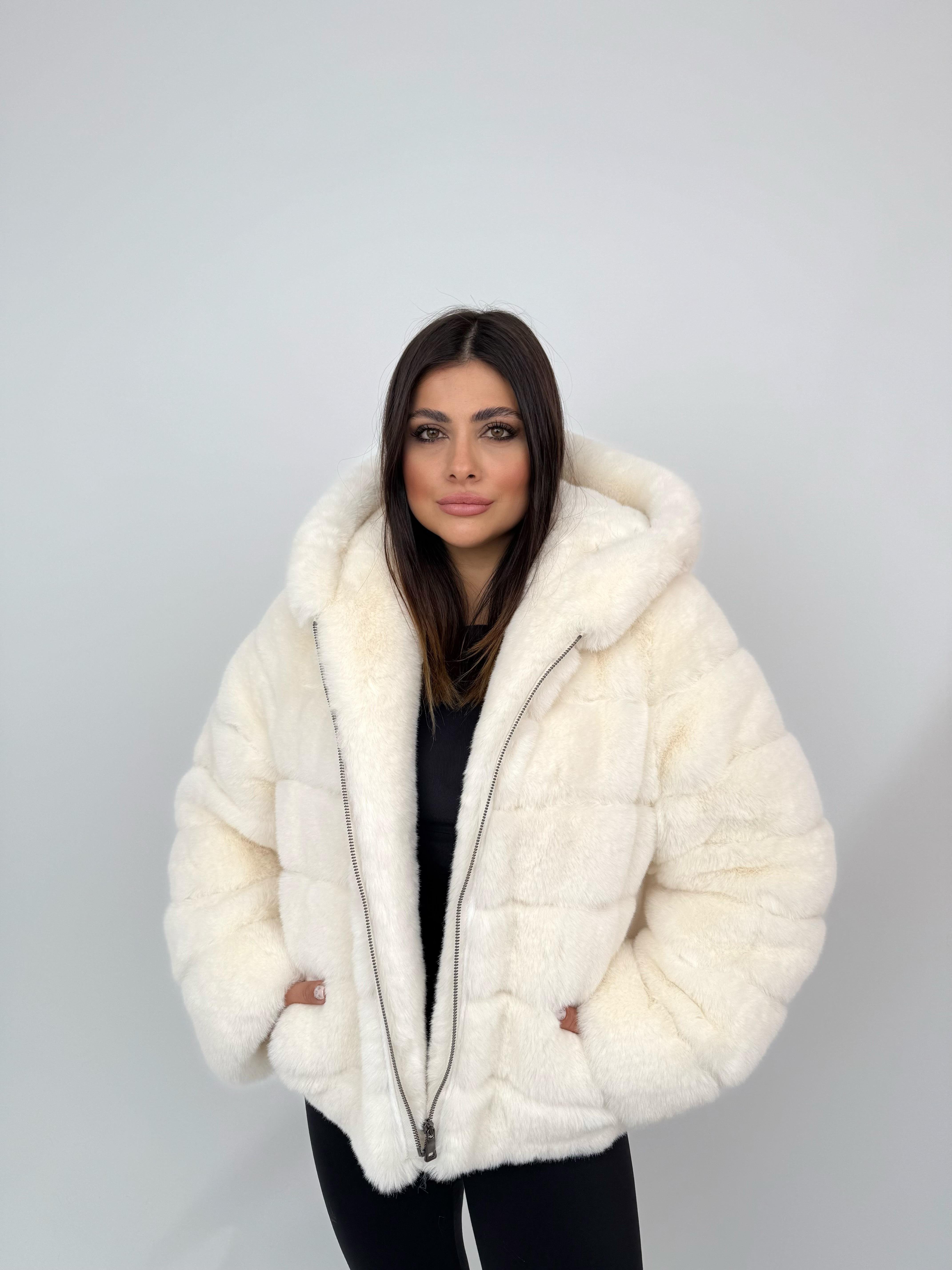 ROSA Kapüşonlu Suni Kürk Ceket - Ekru