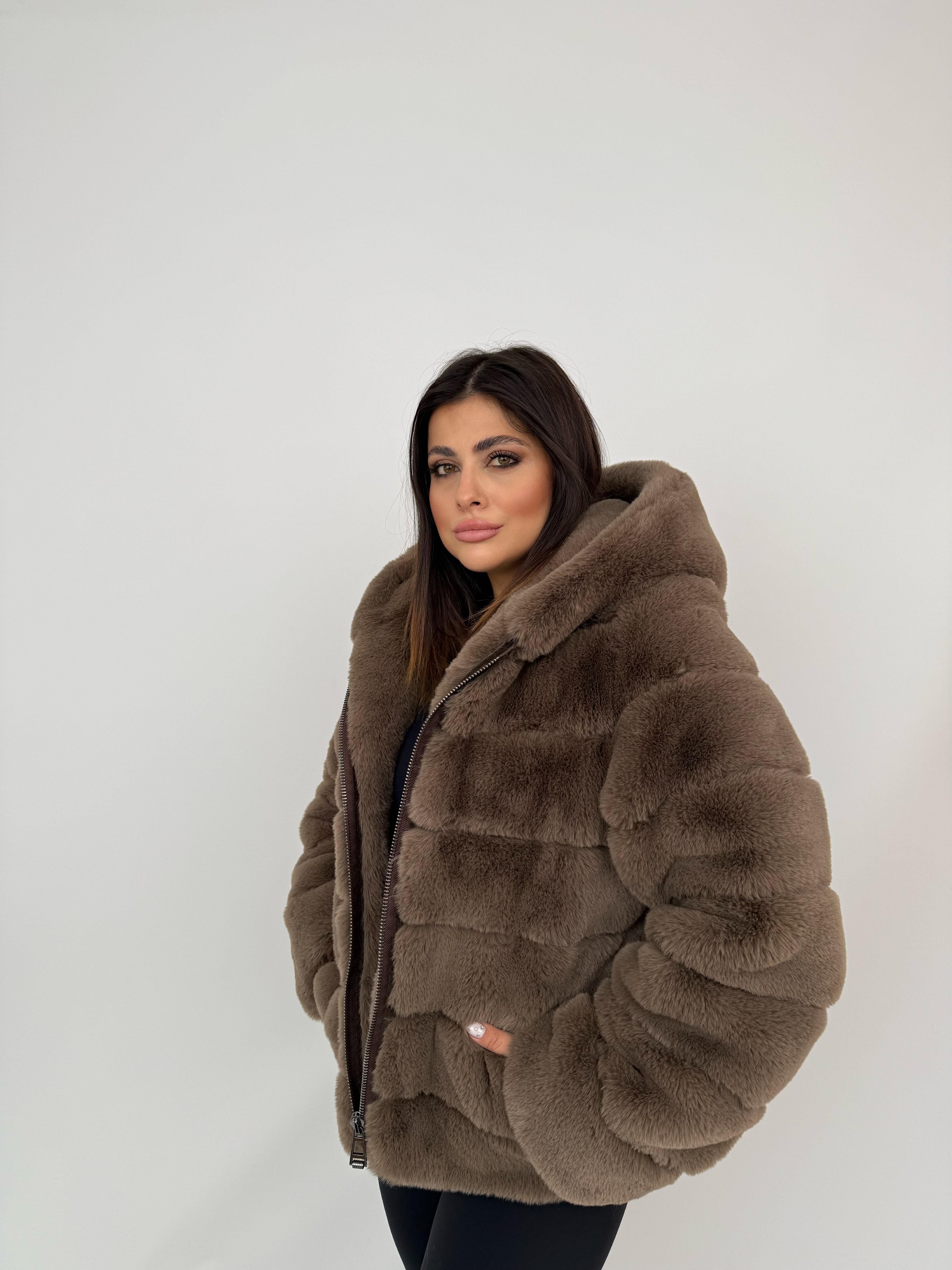 ROSA Kapüşonlu Suni Kürk Ceket - Vizon