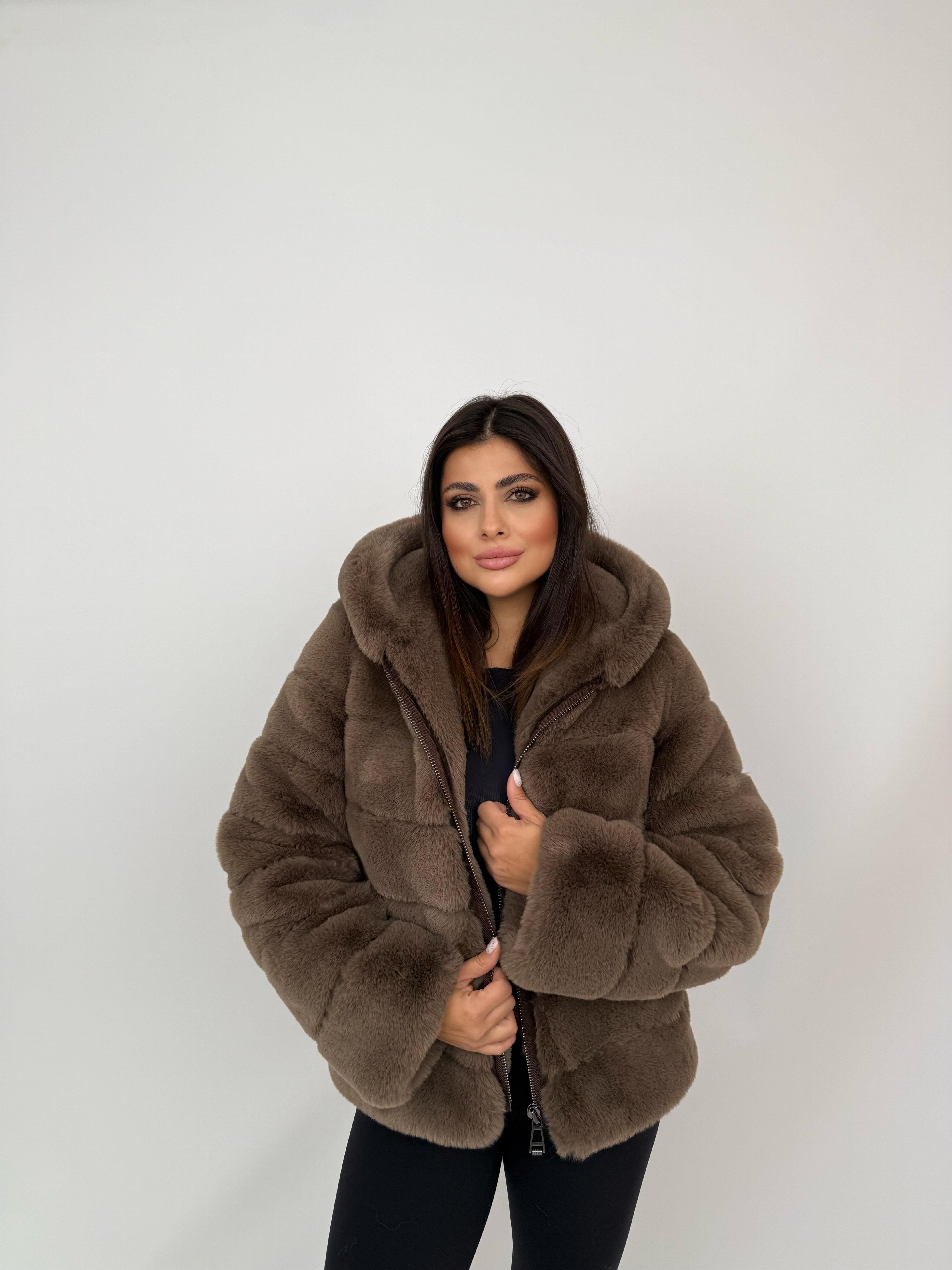 ROSA Kapüşonlu Suni Kürk Ceket - Vizon