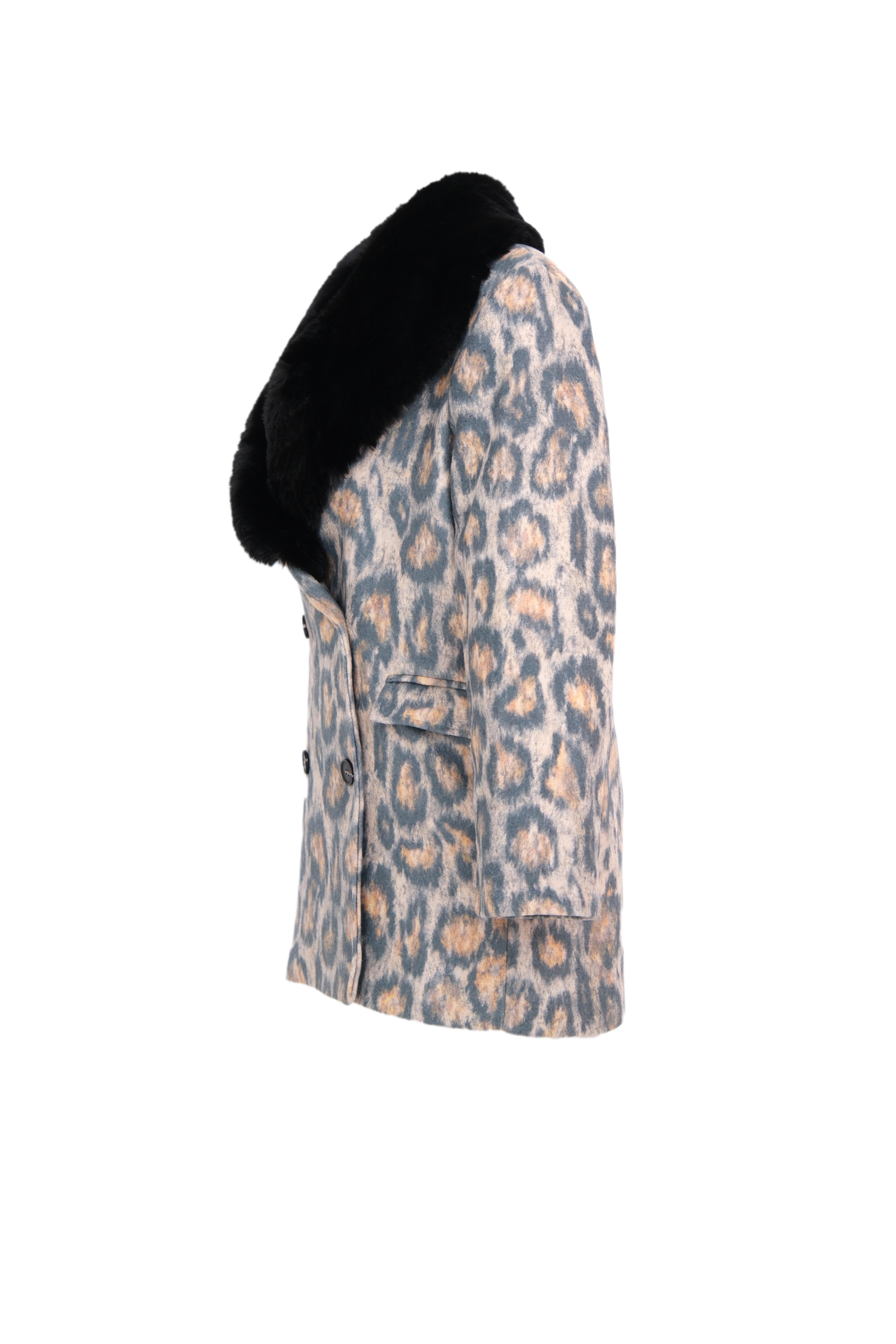 ROUGE Yakası Kürklü Kaşe Ceket - Leopar