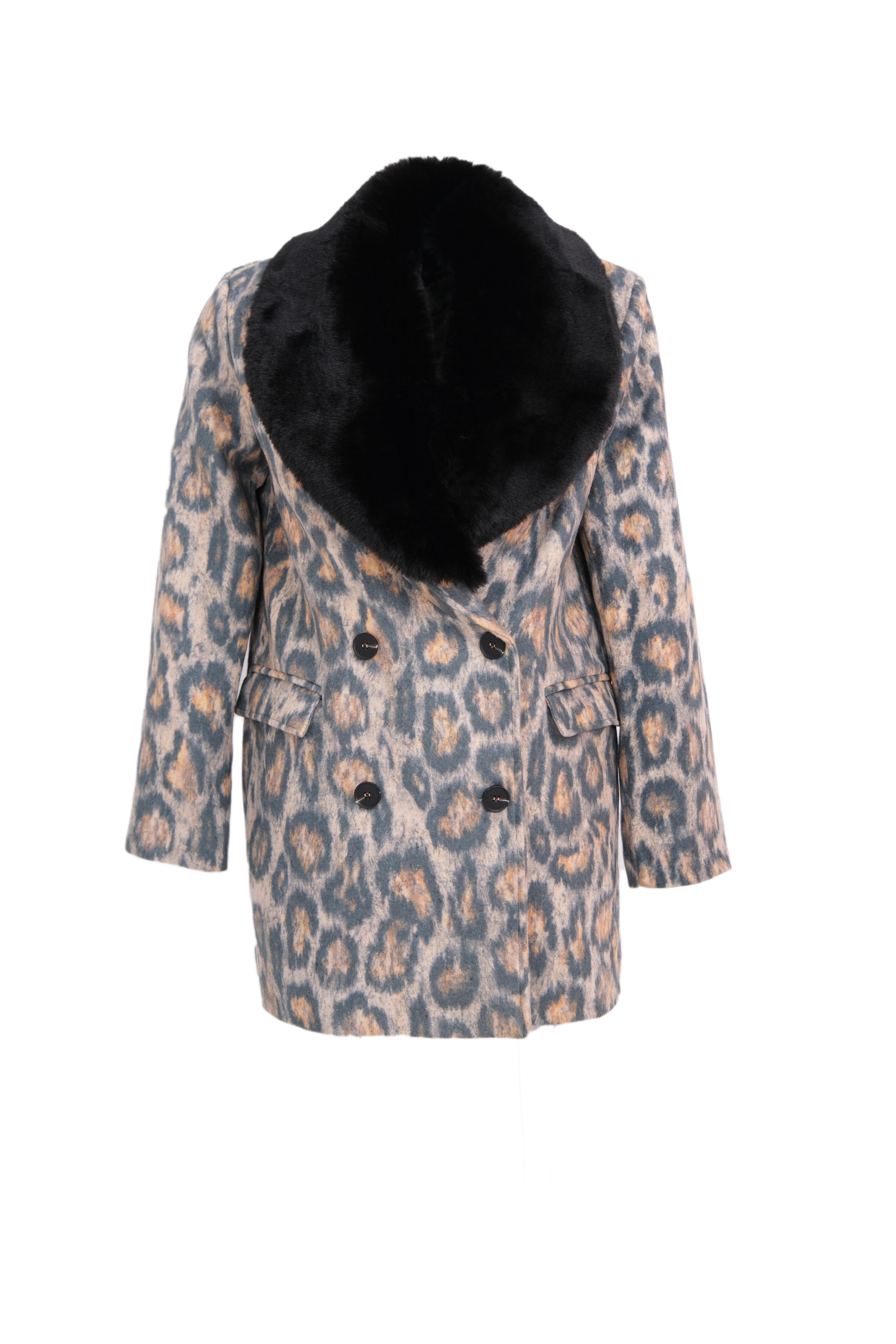 ROUGE Yakası Kürklü Kaşe Ceket - Leopar