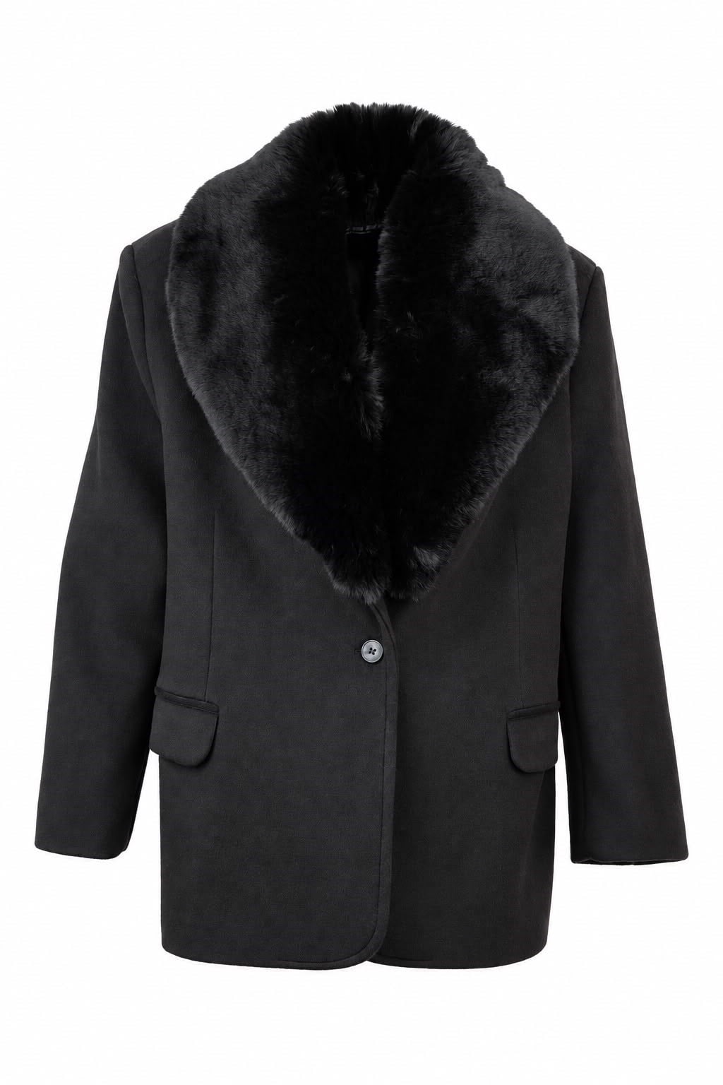 RUBY Yakası Kürklü Oversize Kaşe Ceket - Siyah