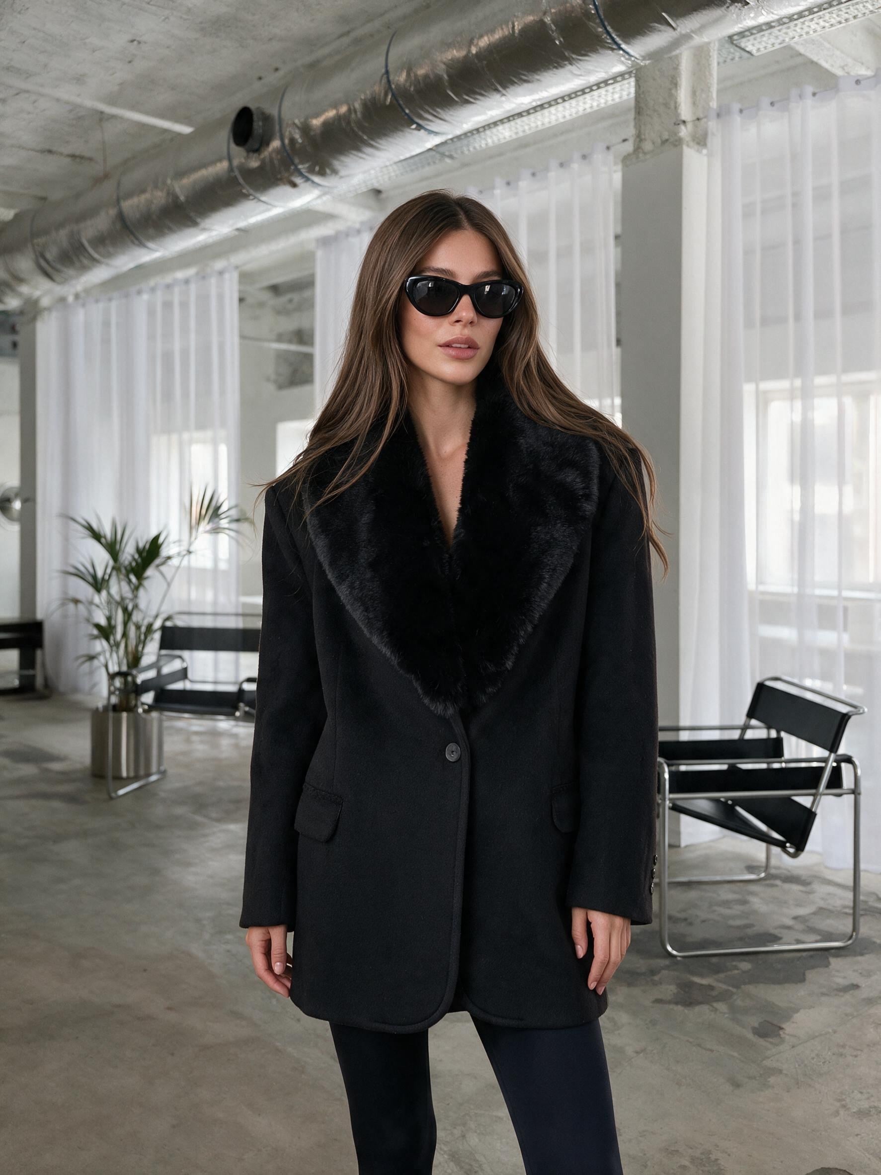 RUBY Yakası Kürklü Oversize Kaşe Ceket - Siyah