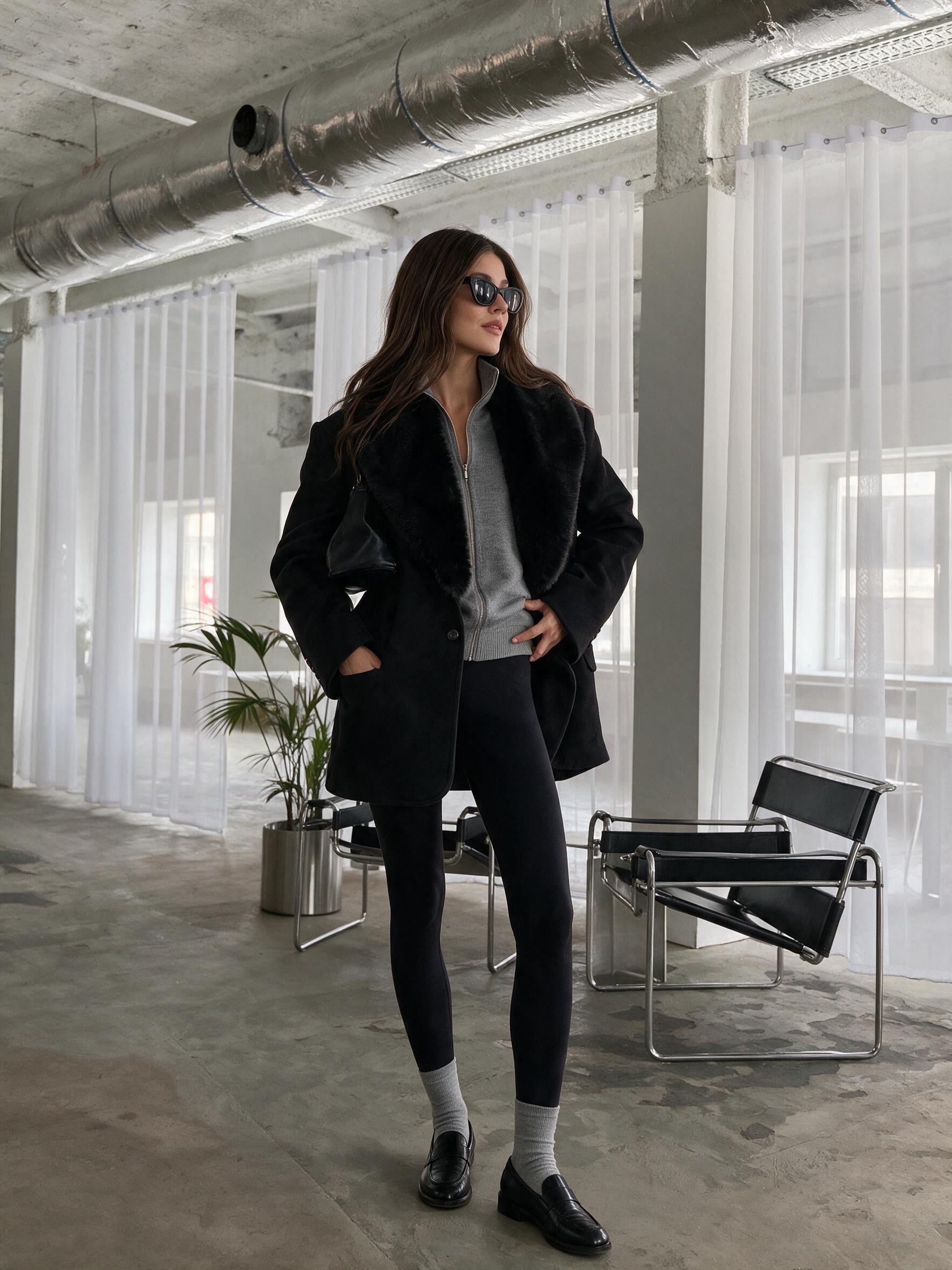 RUBY Yakası Kürklü Oversize Kaşe Ceket - Siyah