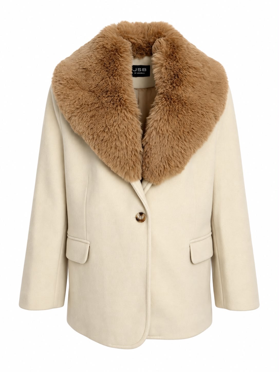 RUBY Yakası Kürklü Oversize Kaşe Ceket - Krem