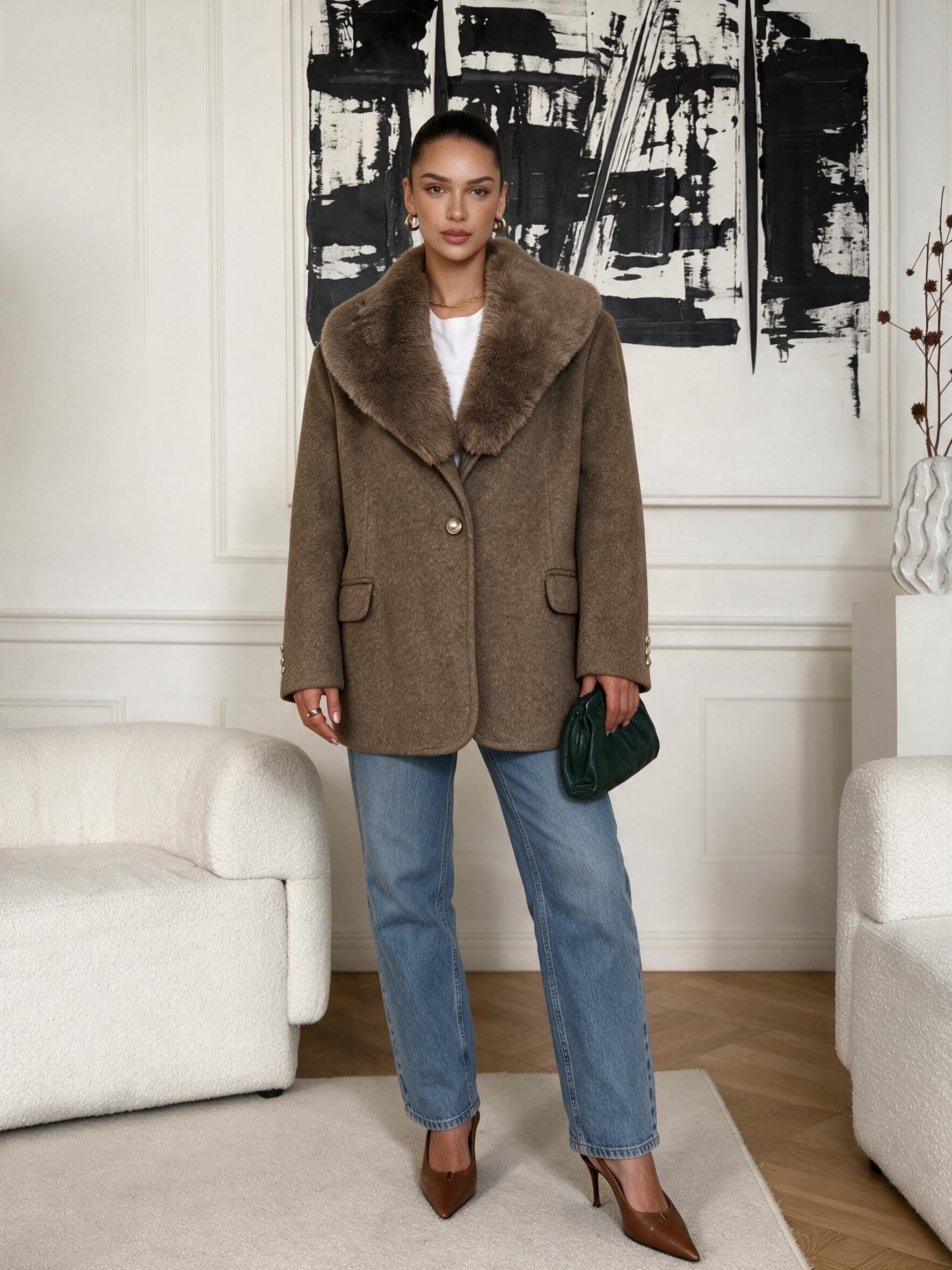 RUBY Yakası Kürklü Oversize Kaşe Ceket - Vizon