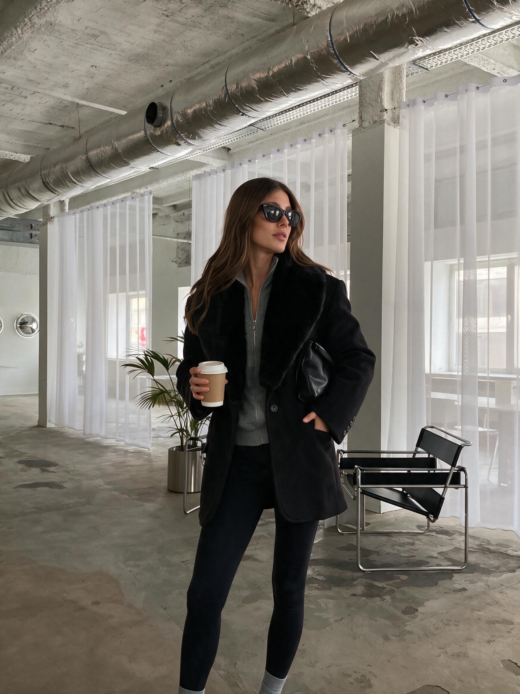 RUBY Yakası Kürklü Oversize Kaşe Ceket - Siyah