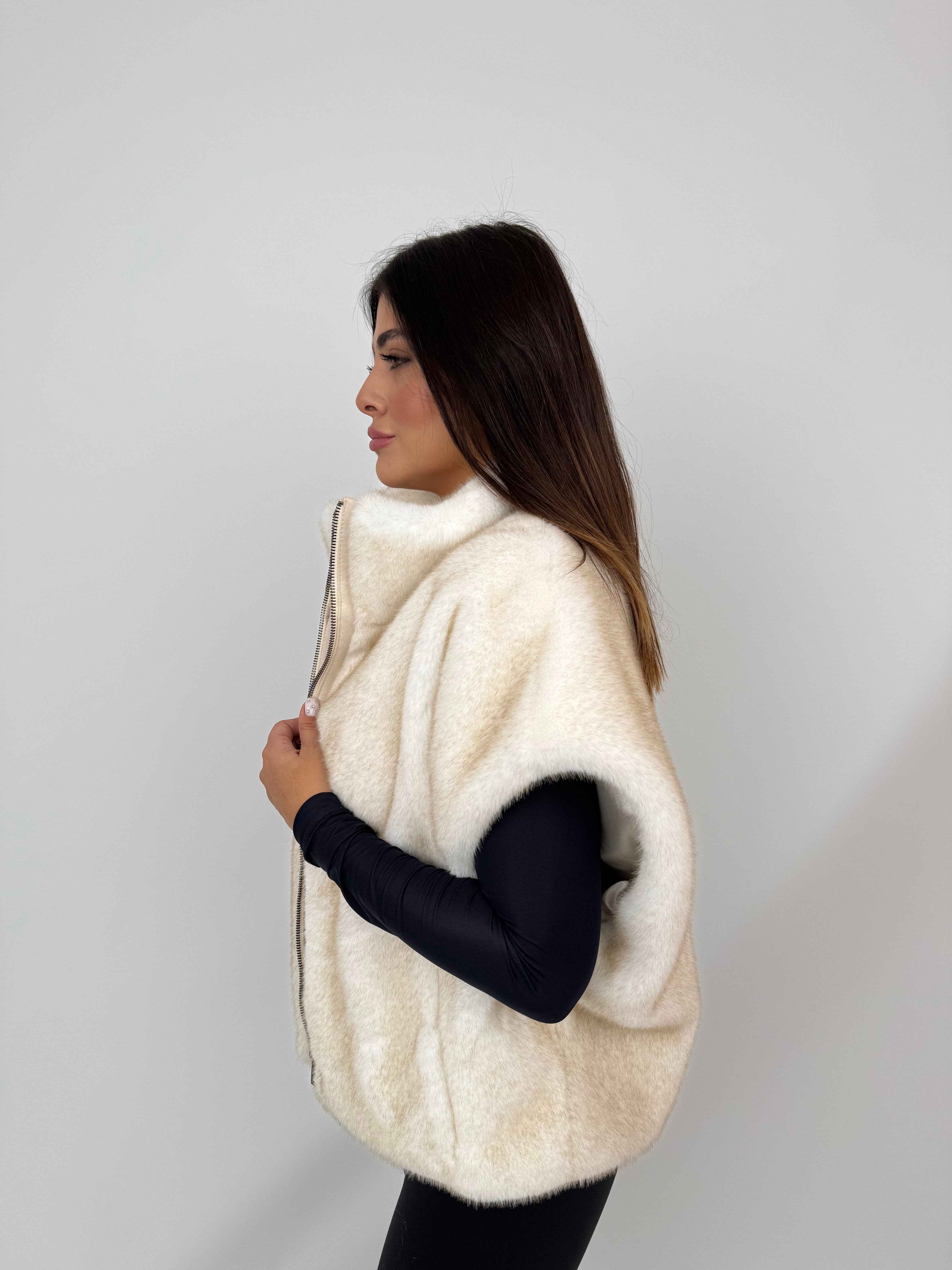 VELORA Suni Kürk Yelek - Bej