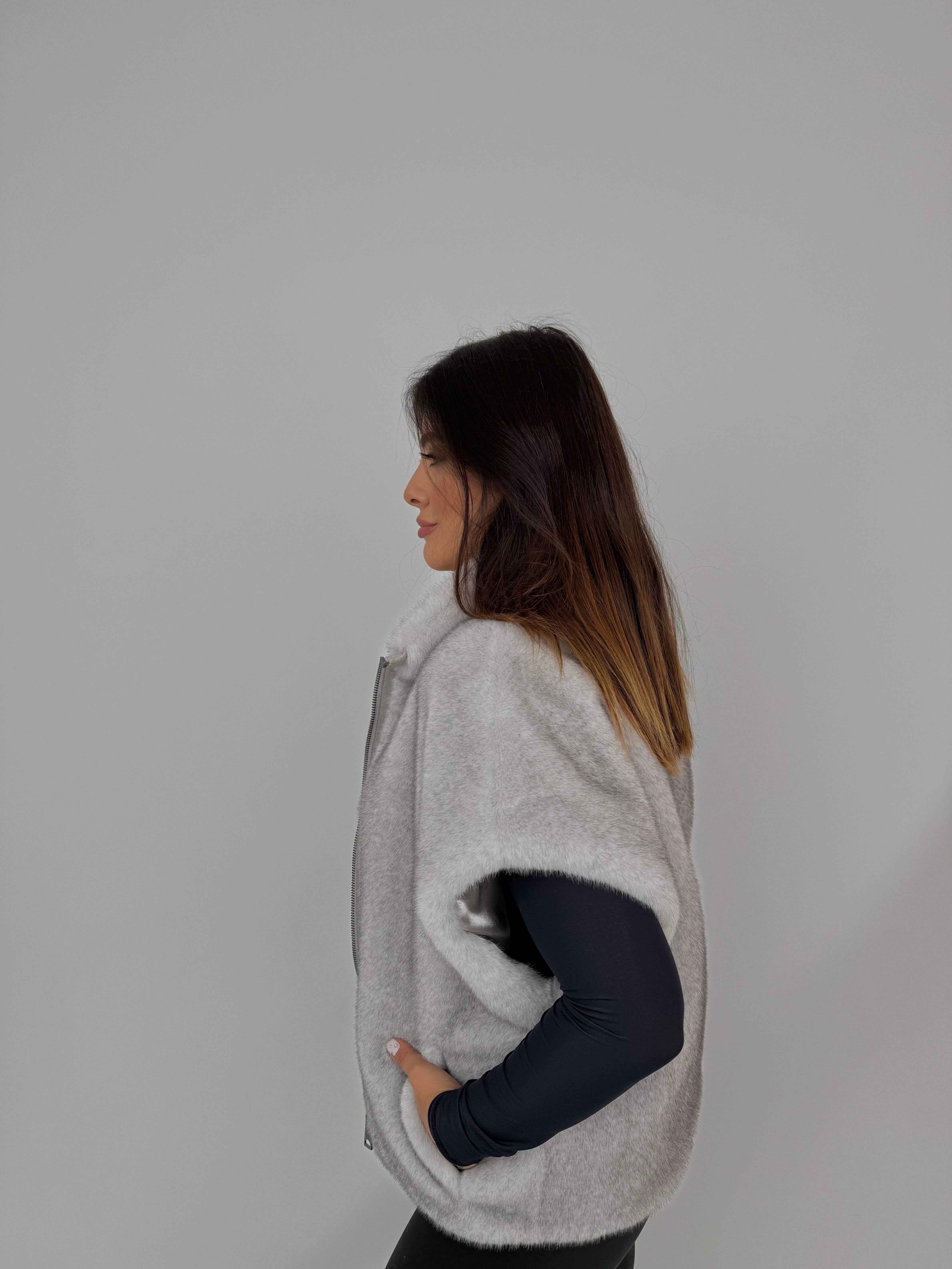 VELORA Suni Kürk Yelek - Gri