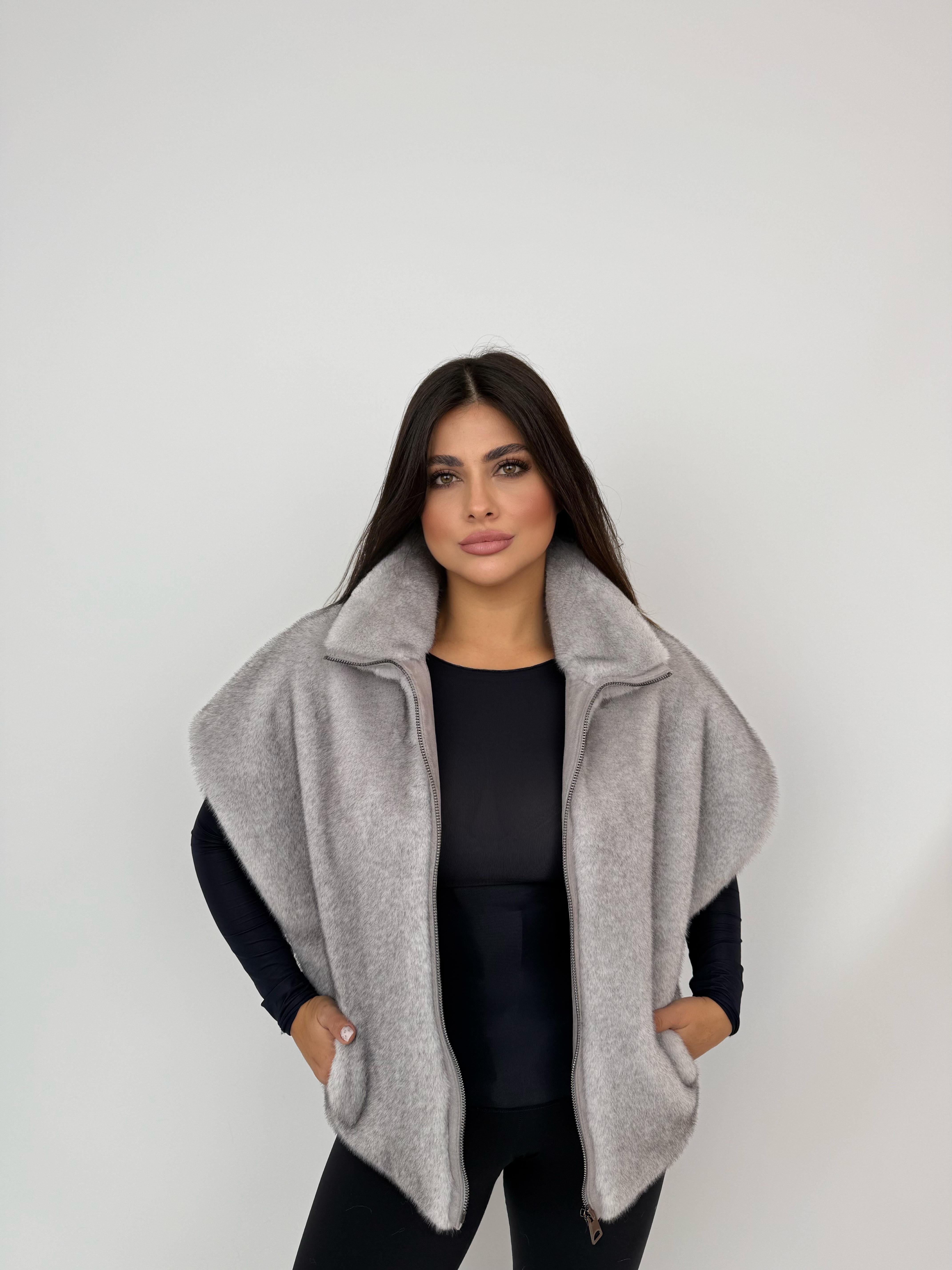 VELORA Suni Kürk Yelek - Gri