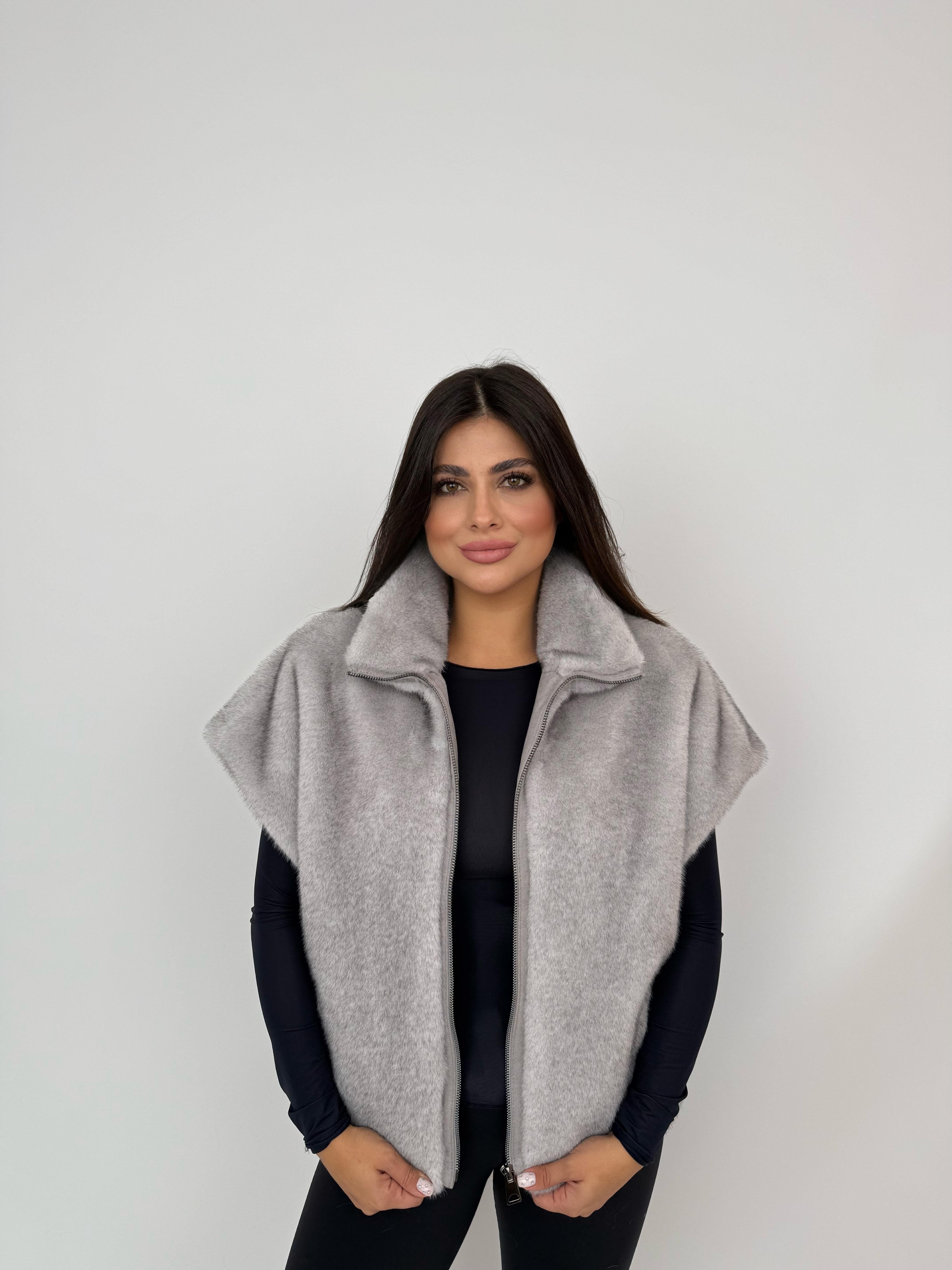 VELORA Suni Kürk Yelek - Gri