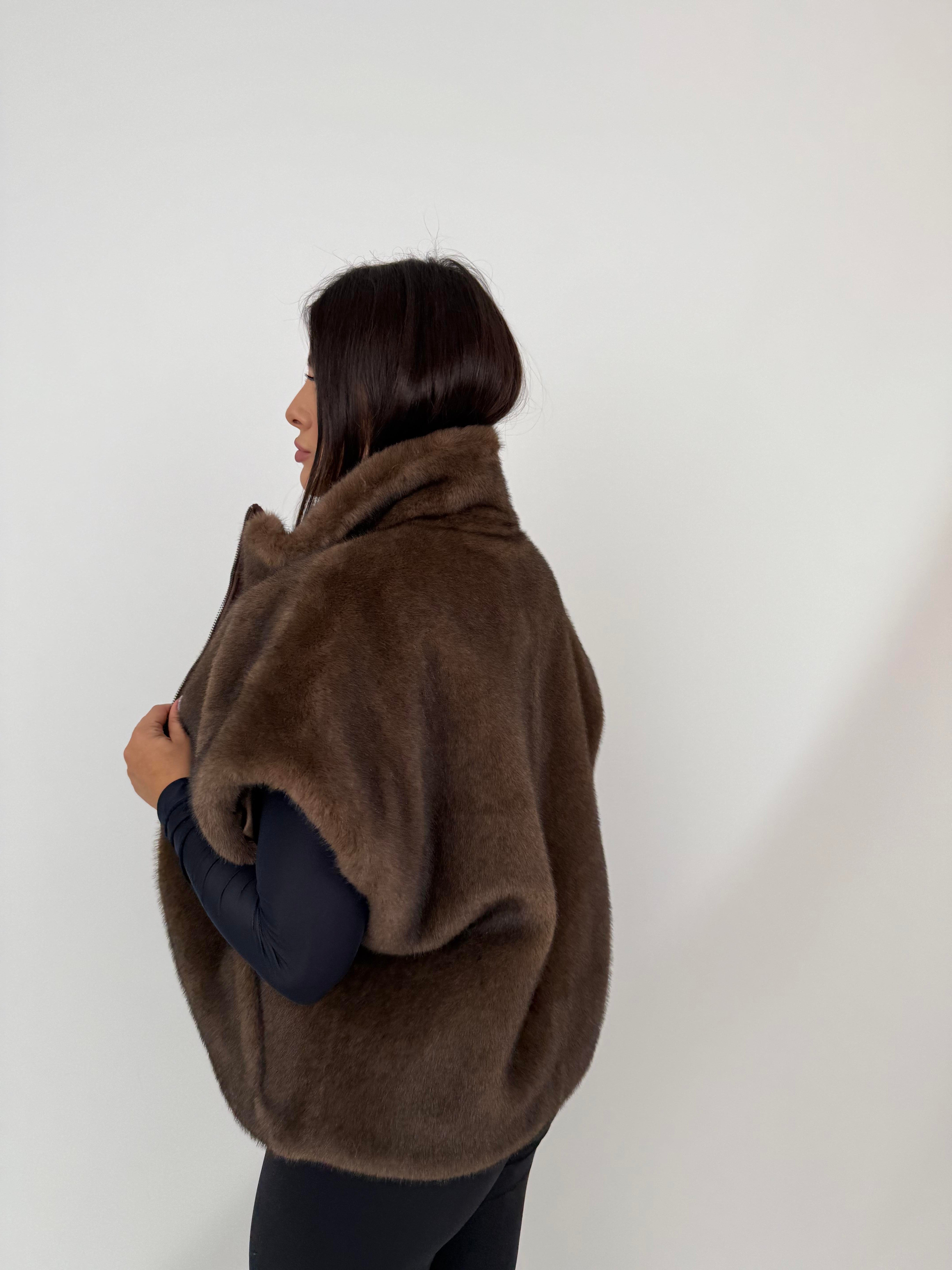 VELORA Suni Kürk Yelek - Kahverengi