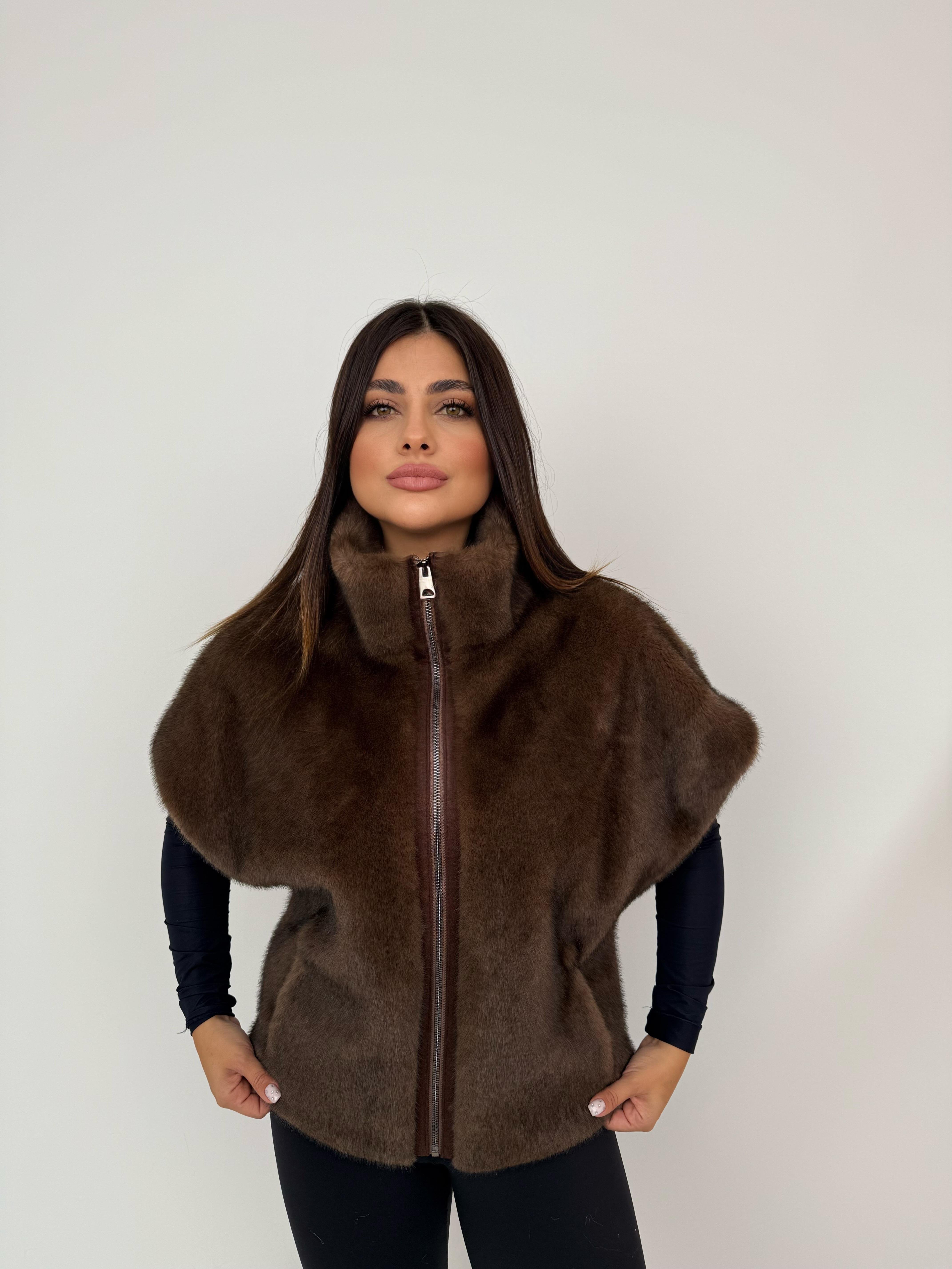 VELORA Suni Kürk Yelek - Kahverengi