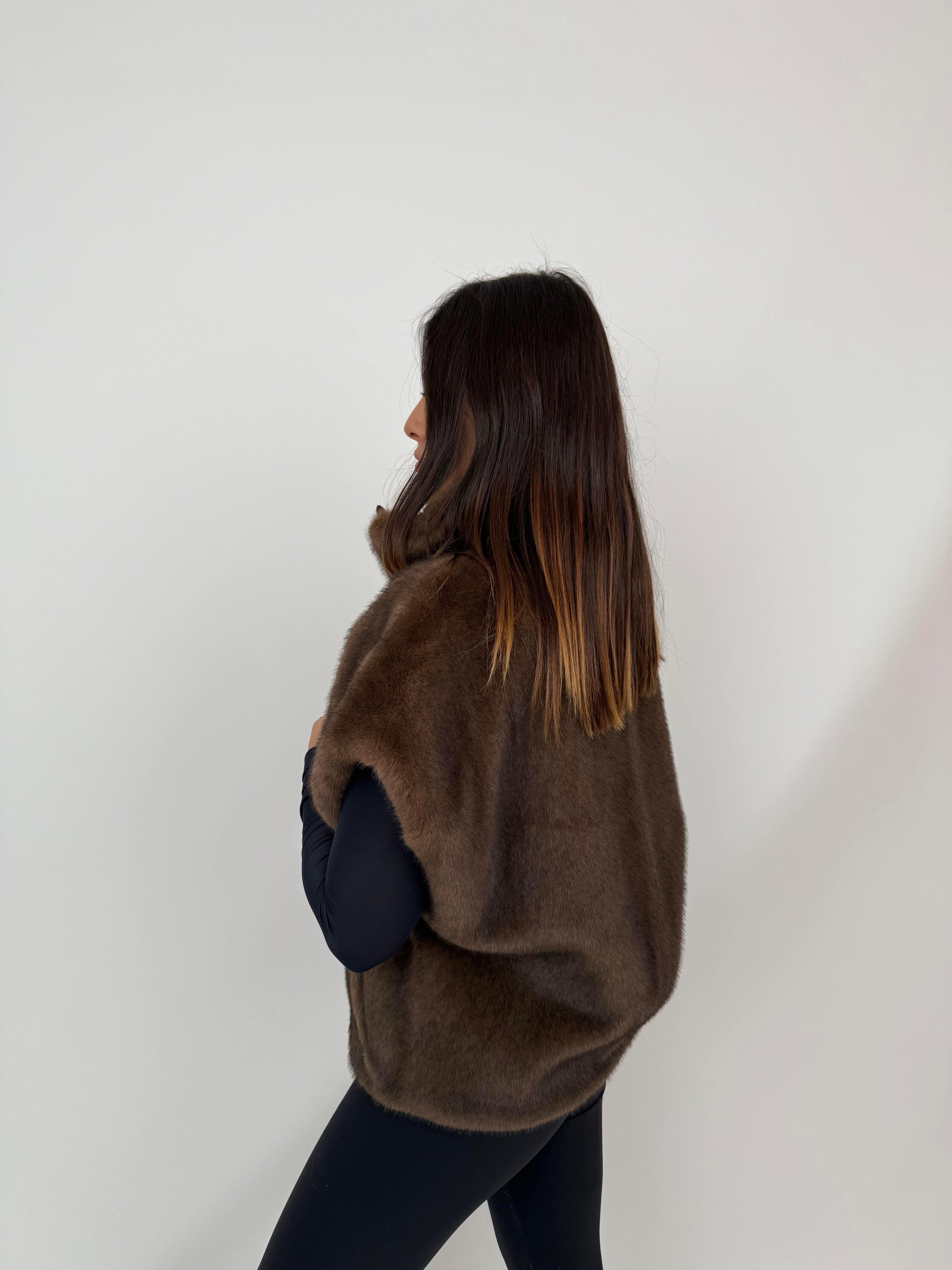 VELORA Suni Kürk Yelek - Kahverengi