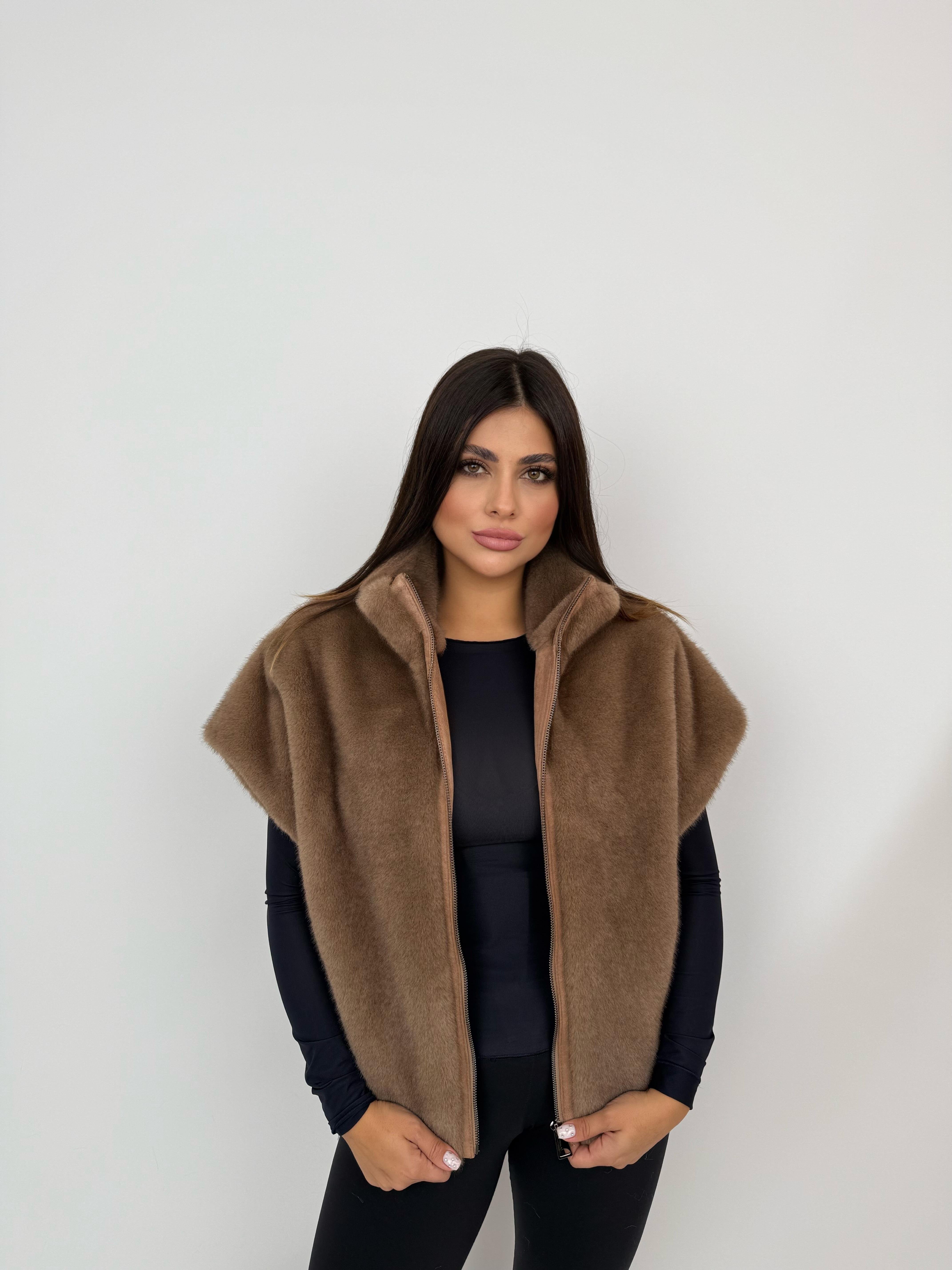 VELORA Suni Kürk Yelek - Vizon