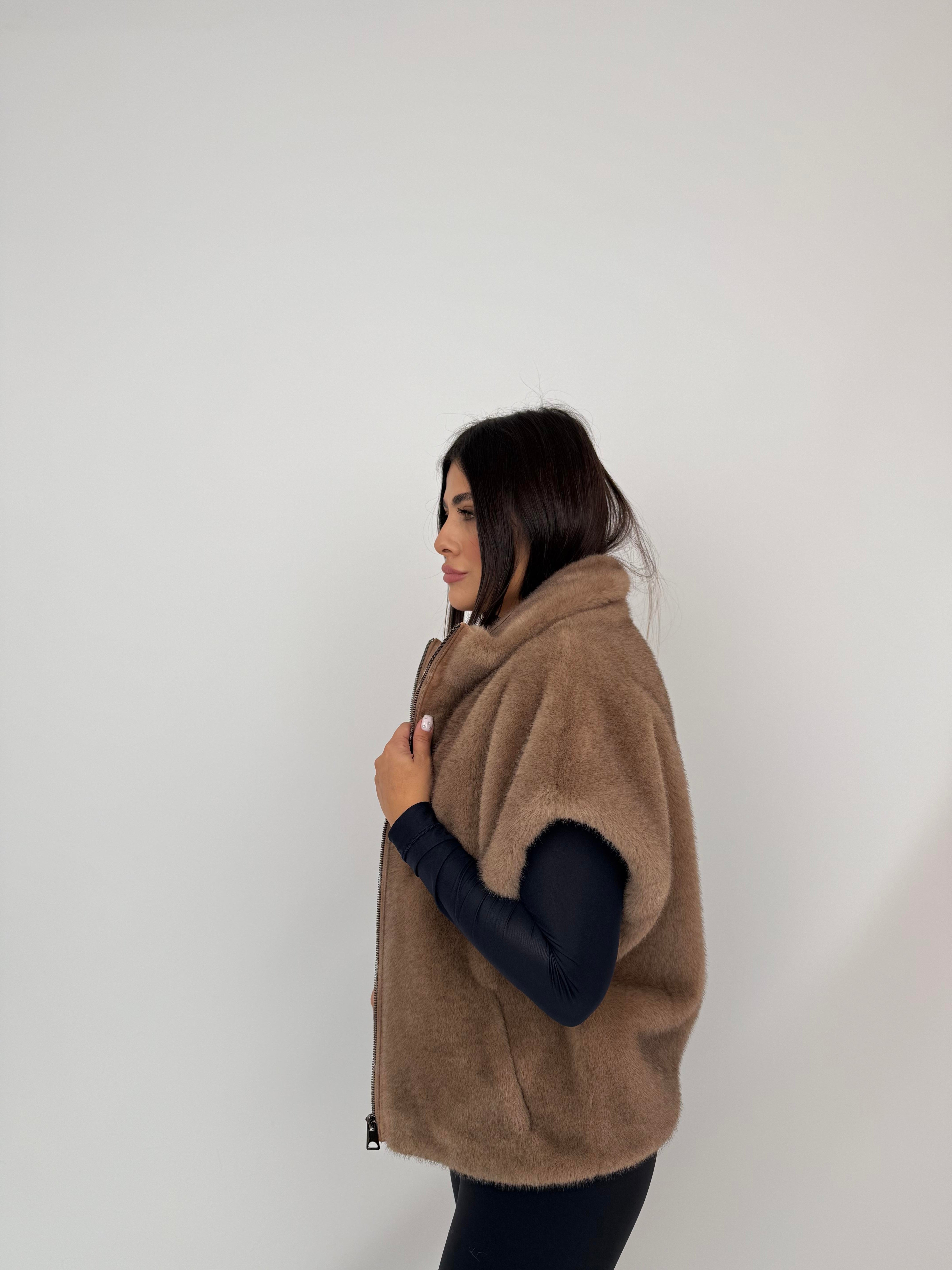 VELORA Suni Kürk Yelek - Vizon