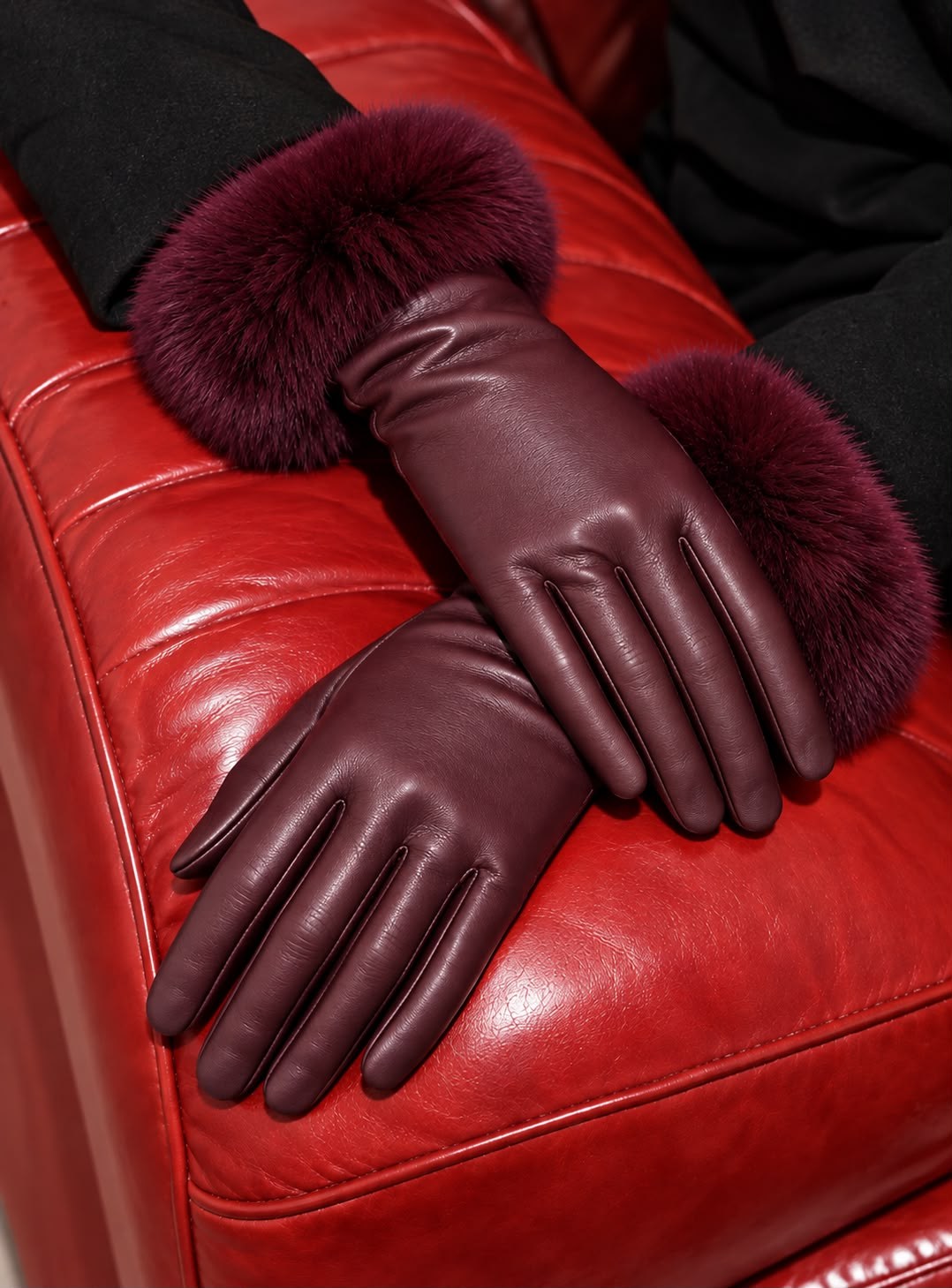 Zigzag Detaylı Deri Eldiven - Bordo