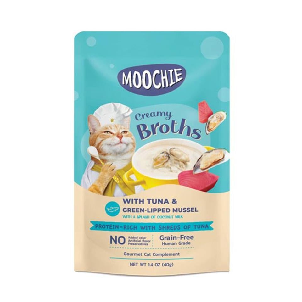 Moochie Parça Ton Balıklı ve Yeşil Dudaklı Midyeli Tahılsız Kedi Çorbası 40gr