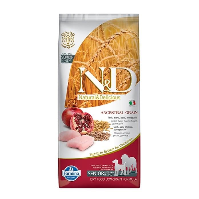 N&D Düşük Tahıllı Senior Tavuk Etli ve Narlı 12 Kg Medium Maxi Yetişkin Kuru Köpek Maması