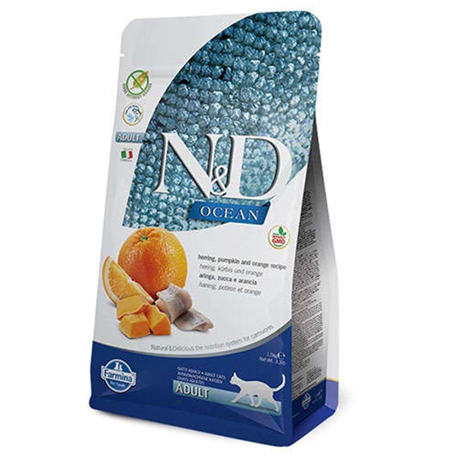 N&D Ocean Ringa Balıklı, Balıkabaklı ve Portakallı Tahılsız Yetişkin Kedi Maması 5 Kg
