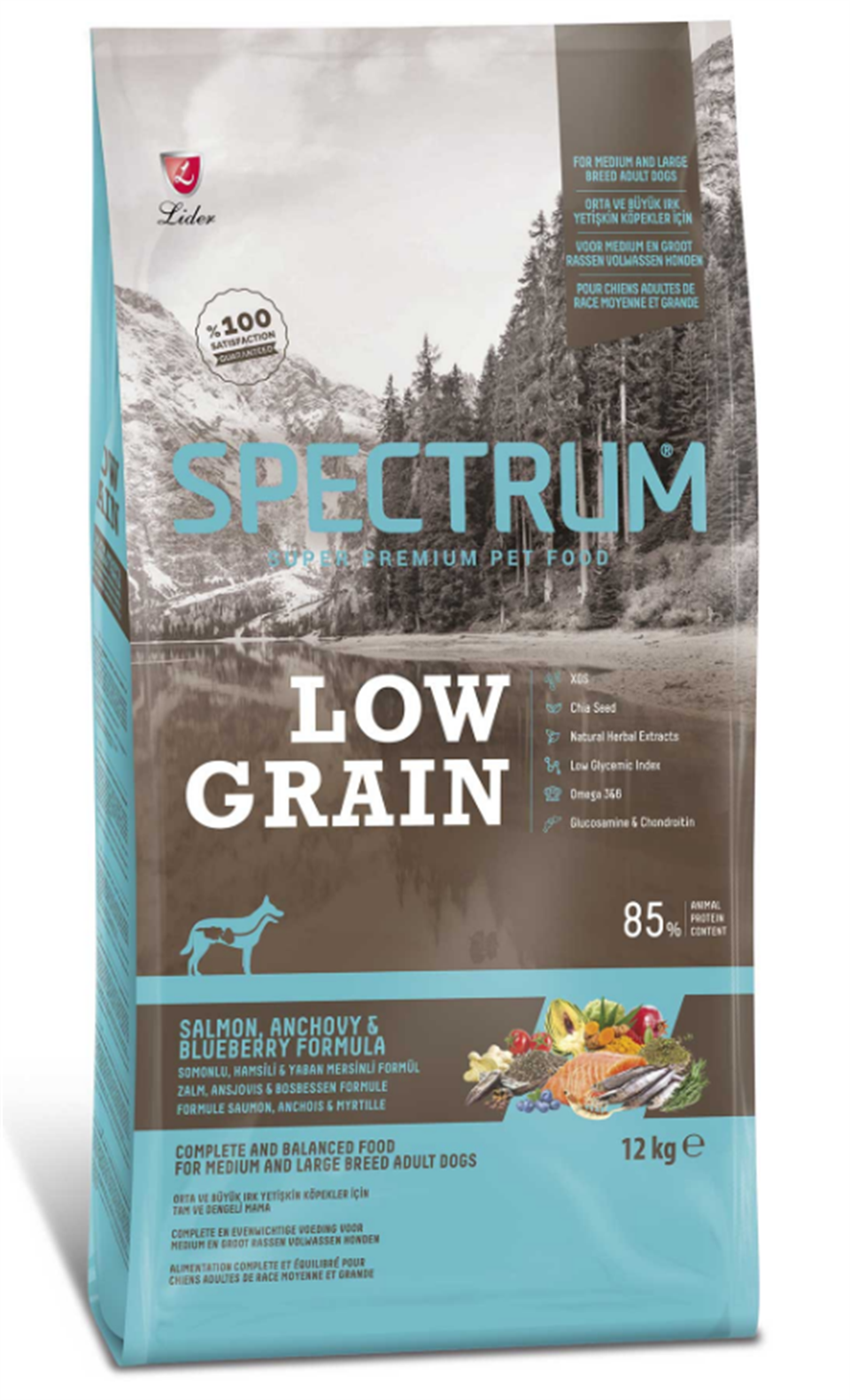 Spectrum Düşük Tahıllı Somonlu, Hamsili, Yaban Mersinli Orta ve Büyük Irk Yetişkin Köpek Maması 12kg