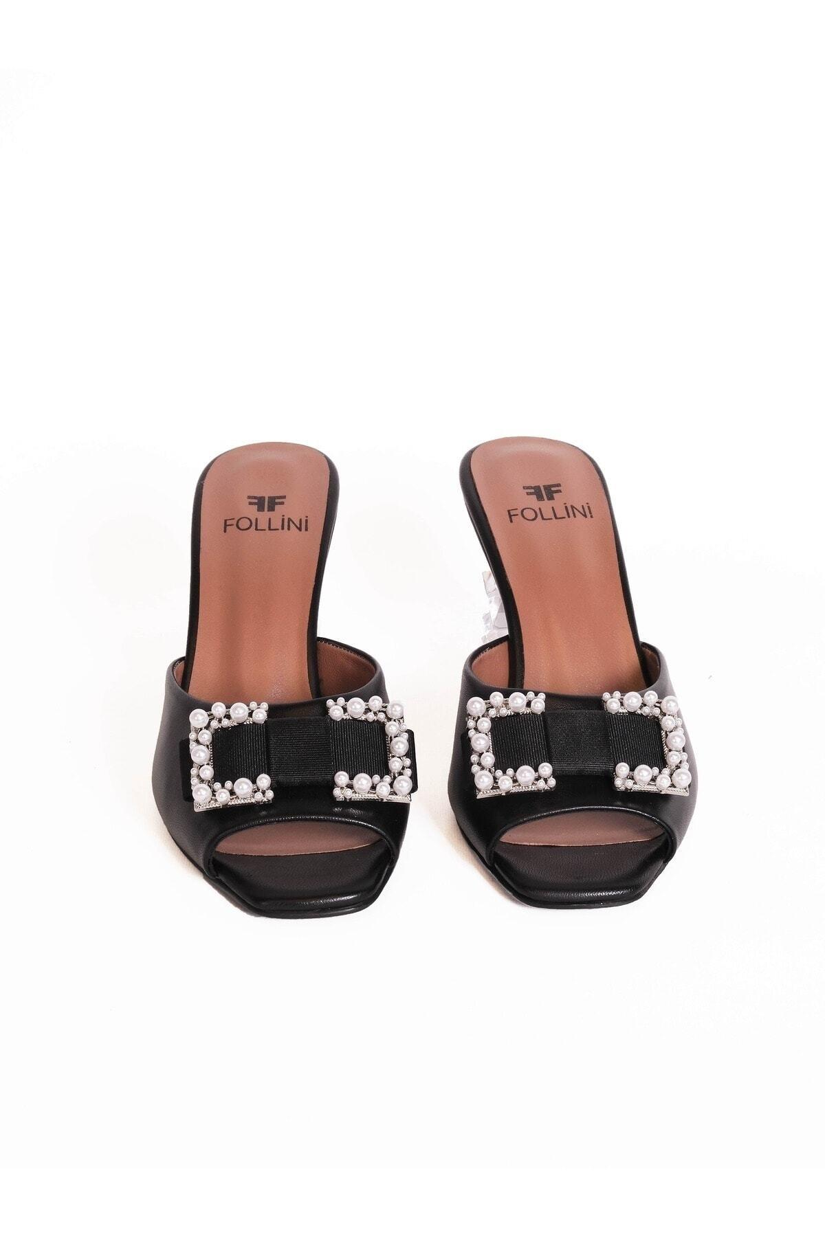 Kadın Deri Terlik Aksesuar Ve Topuk Detaylı Siyah