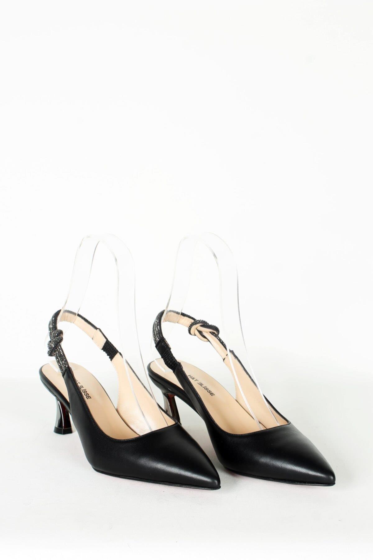 Kadın Siyah Simli Hakiki Deri Topuklu Ayakkabı