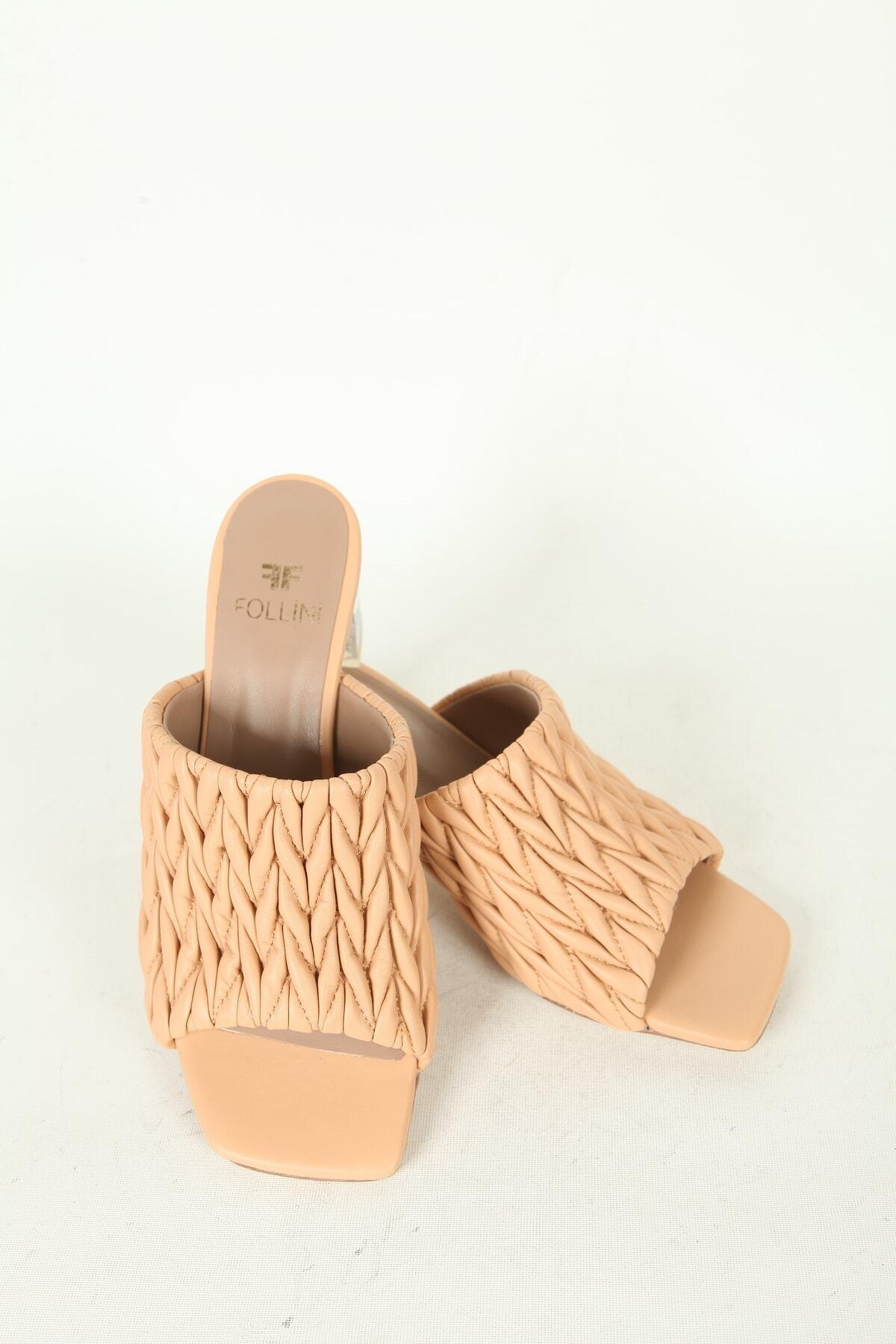 Kadın Koyu Krem Hakiki Deri Topuk Detaylı Terlik