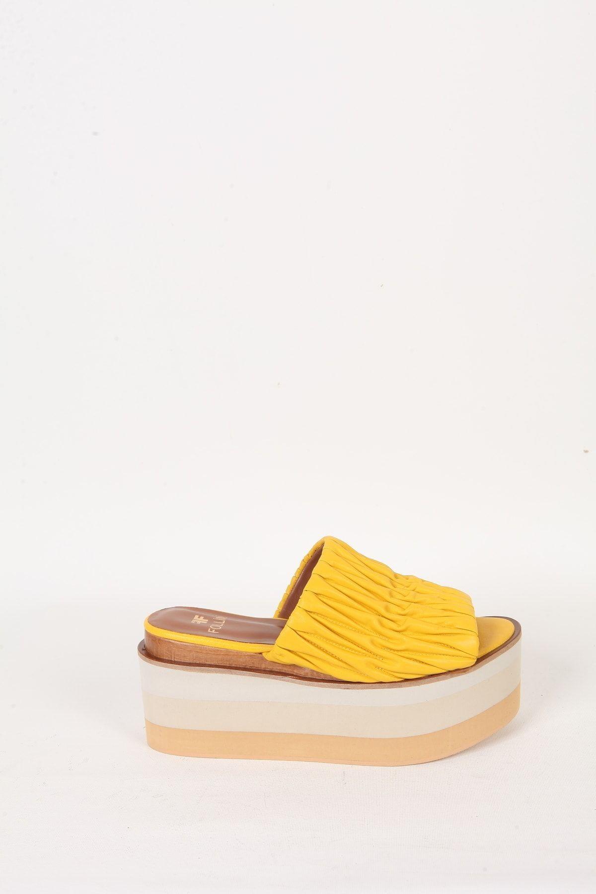 Kadın Sarı Hakiki Deri Dolgu Topuk Terlik