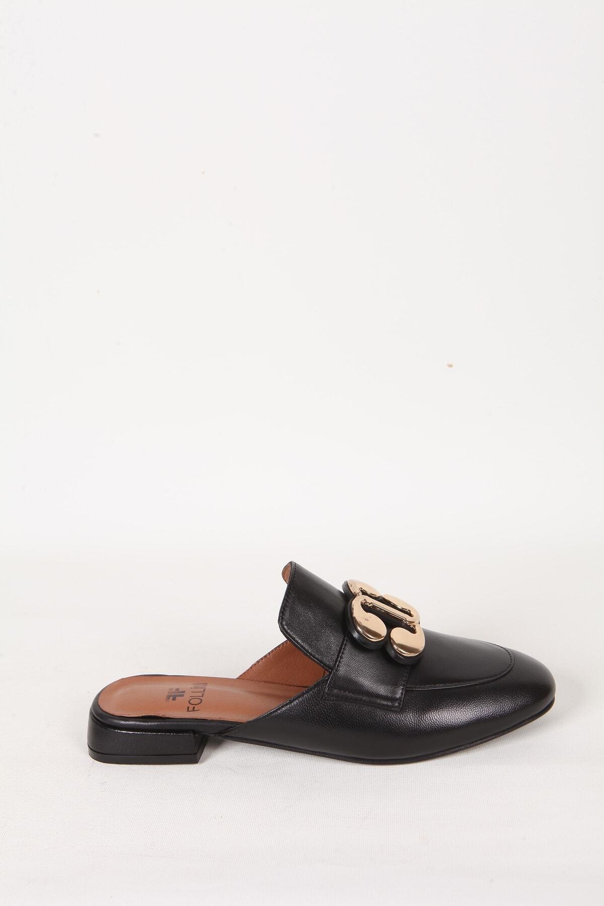 Kadın Deri Terlik Topuklu Siyah