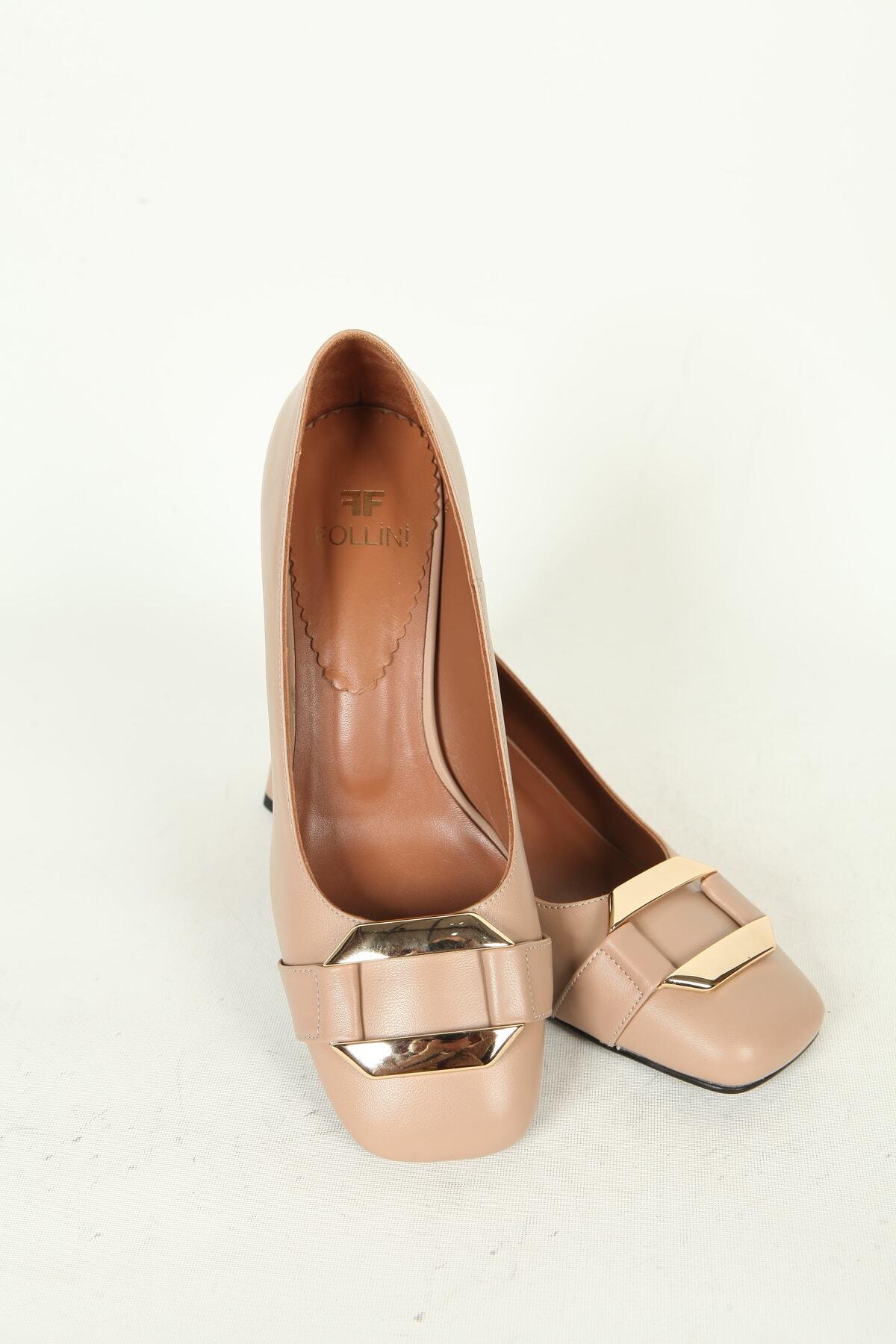 Kadın Deri Ayakkabı Aksesuar Detaylı Topuklu Vizon