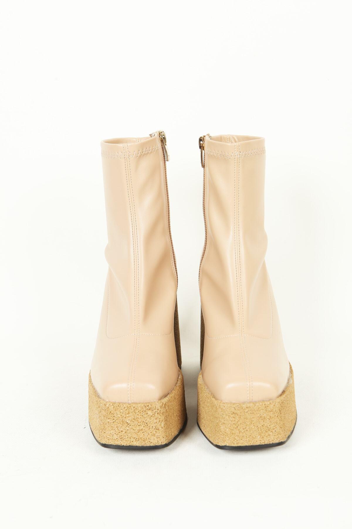 Kadın Deri Bot Platformlu Krem