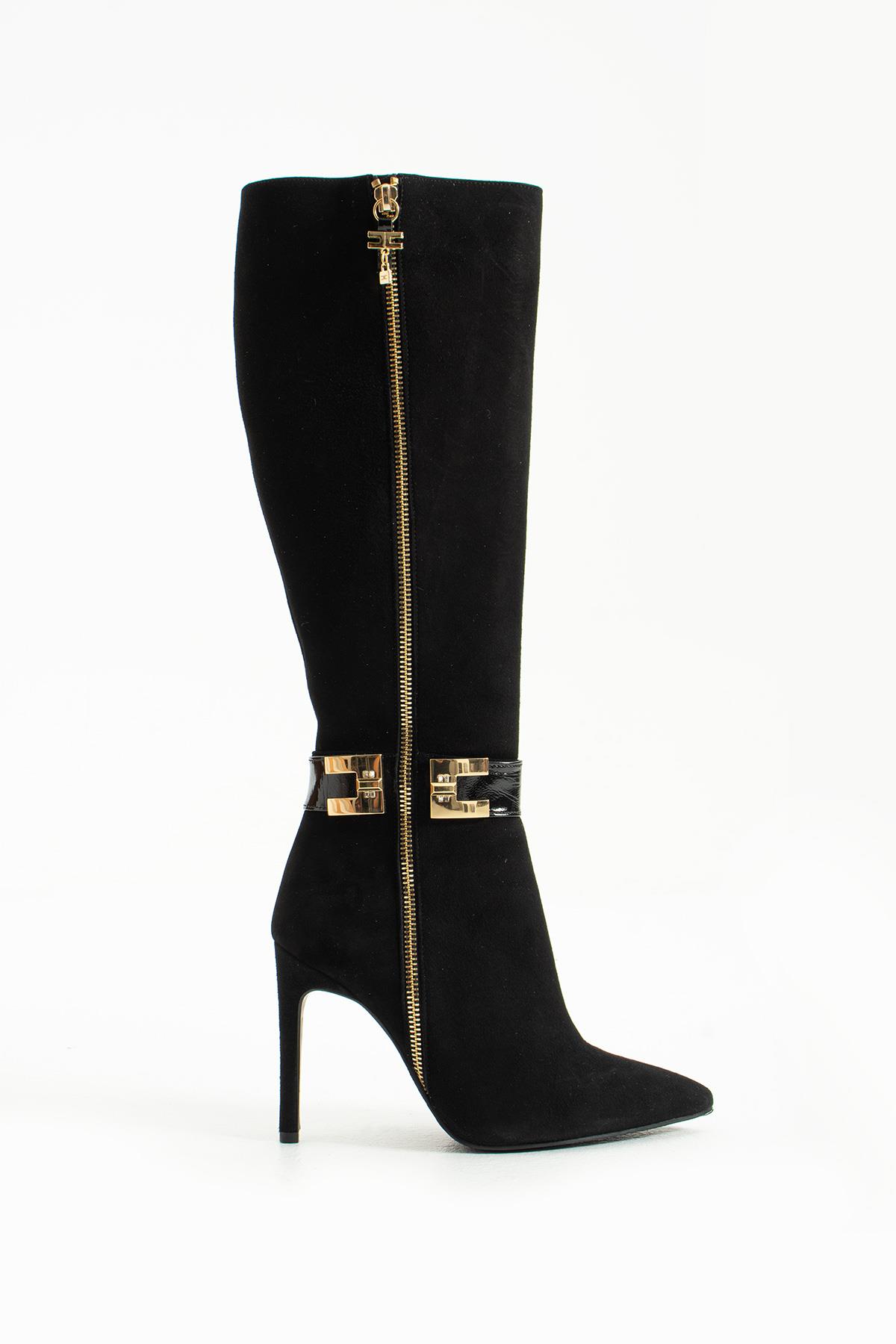 Kadın Deri Çizme Aksesuar Detaylı Siyah Süet