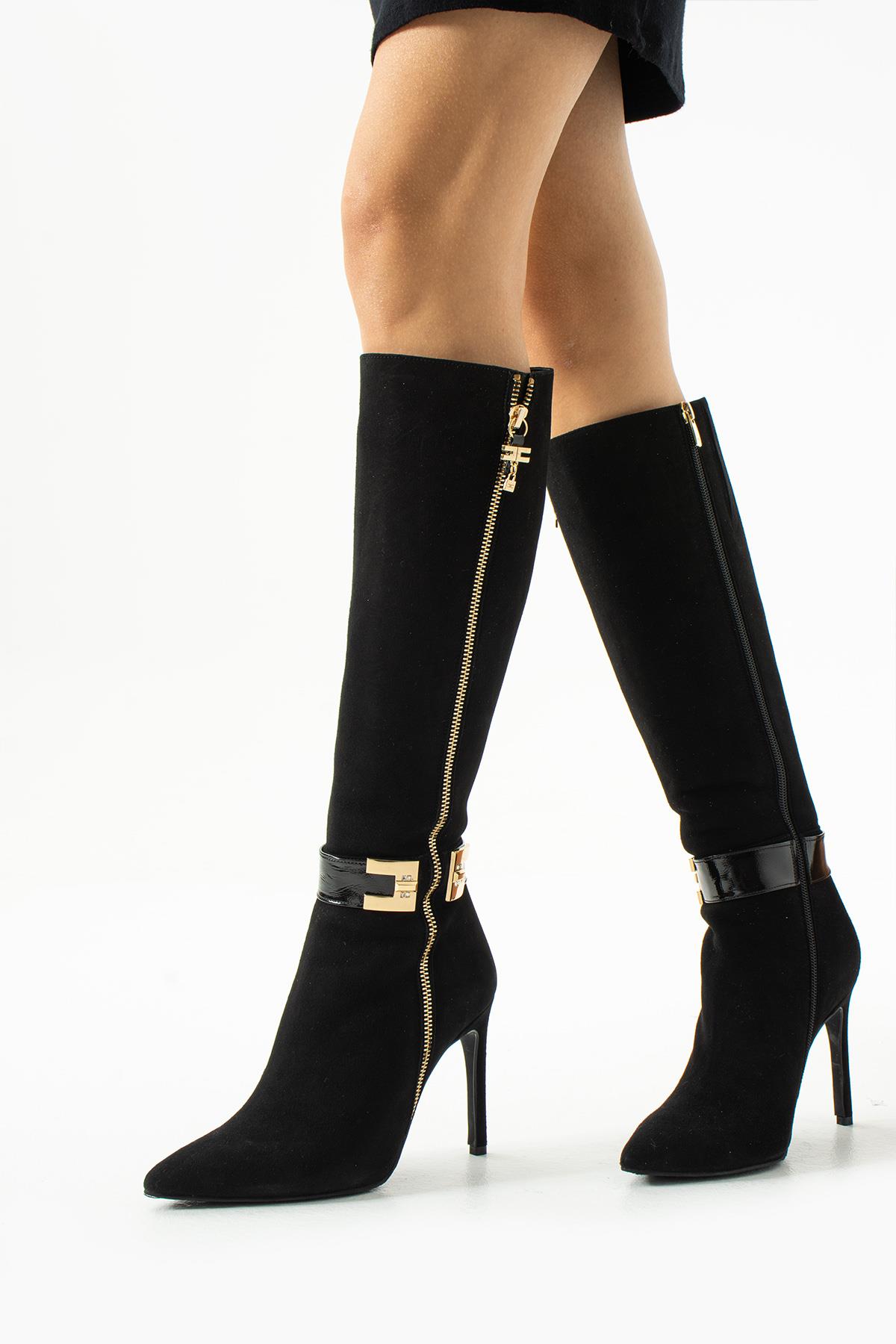 Kadın Deri Çizme Aksesuar Detaylı Siyah Süet