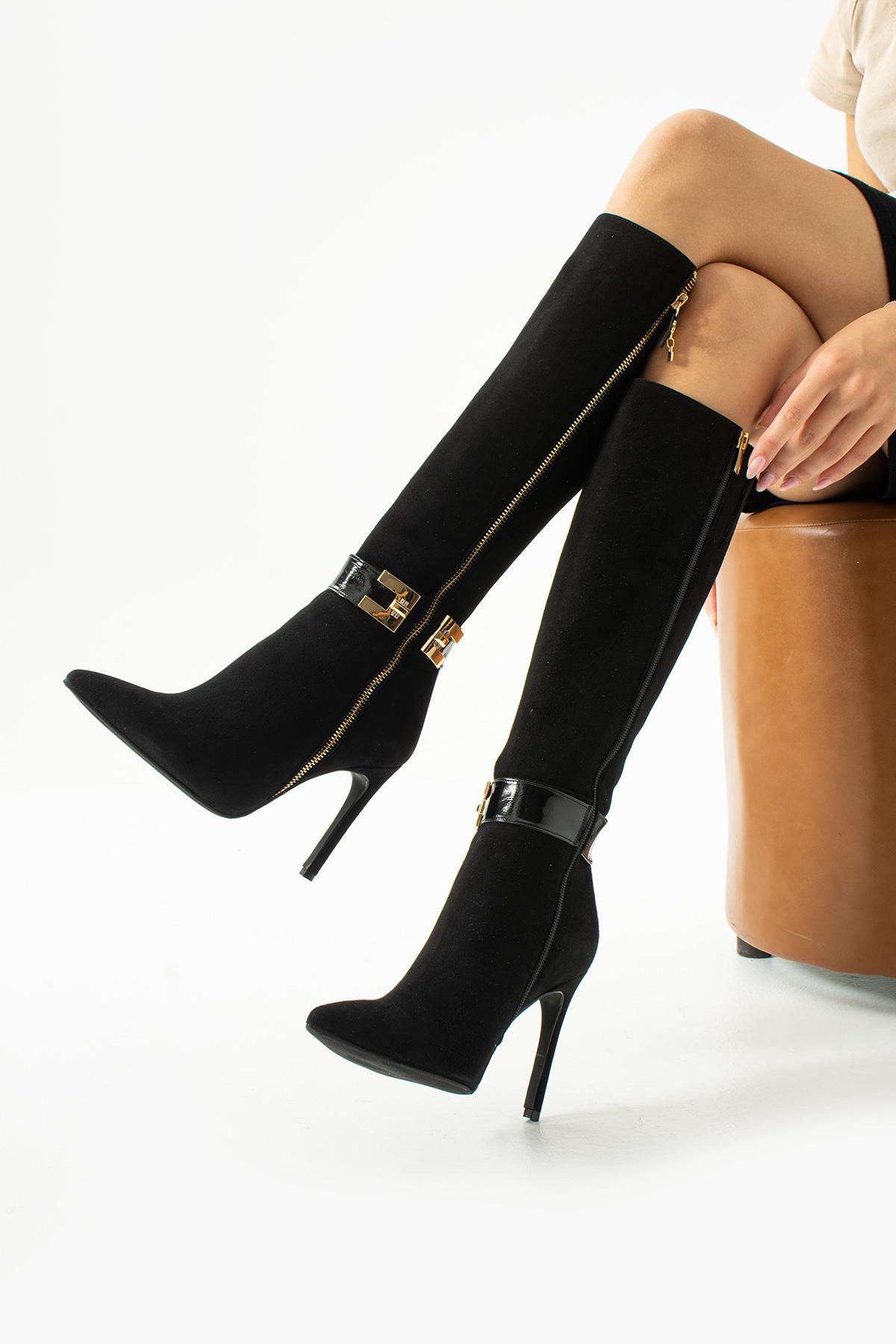 Kadın Deri Çizme Aksesuar Detaylı Siyah Süet