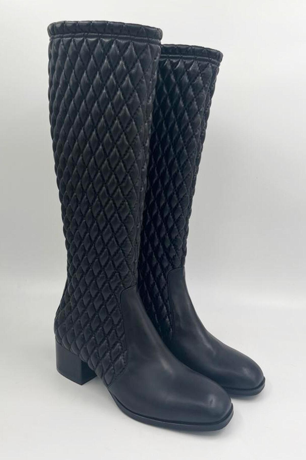 Kadın Deri Çizme Kapitoneli Siyah