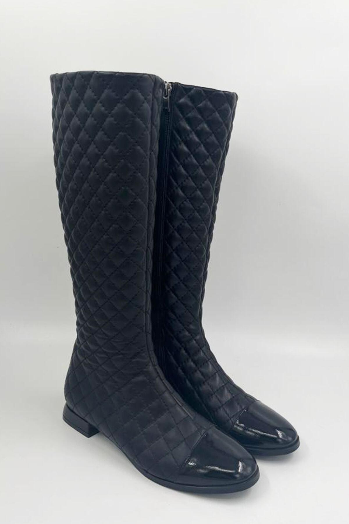 Kadın Deri Çizme Kapitoneli Siyah