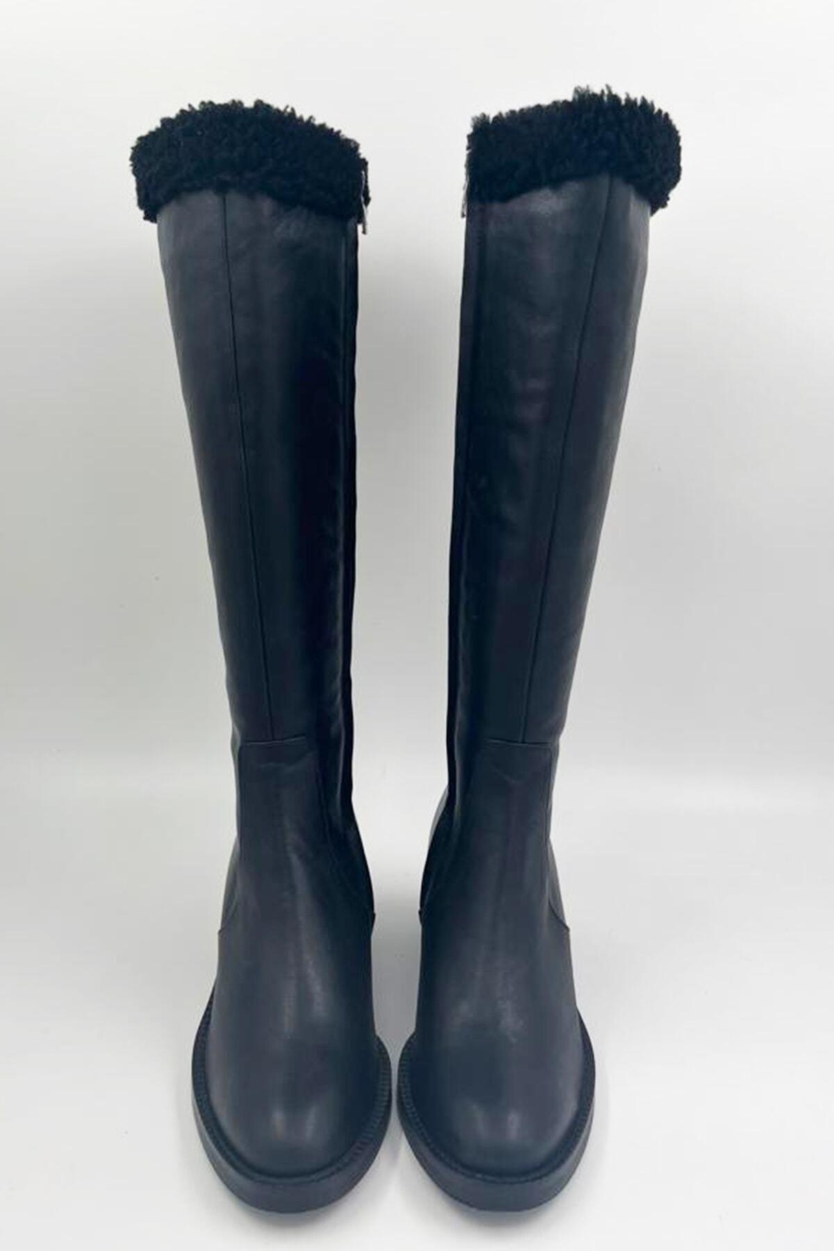 Kadın Deri Çizme Kürk Detaylı Siyah