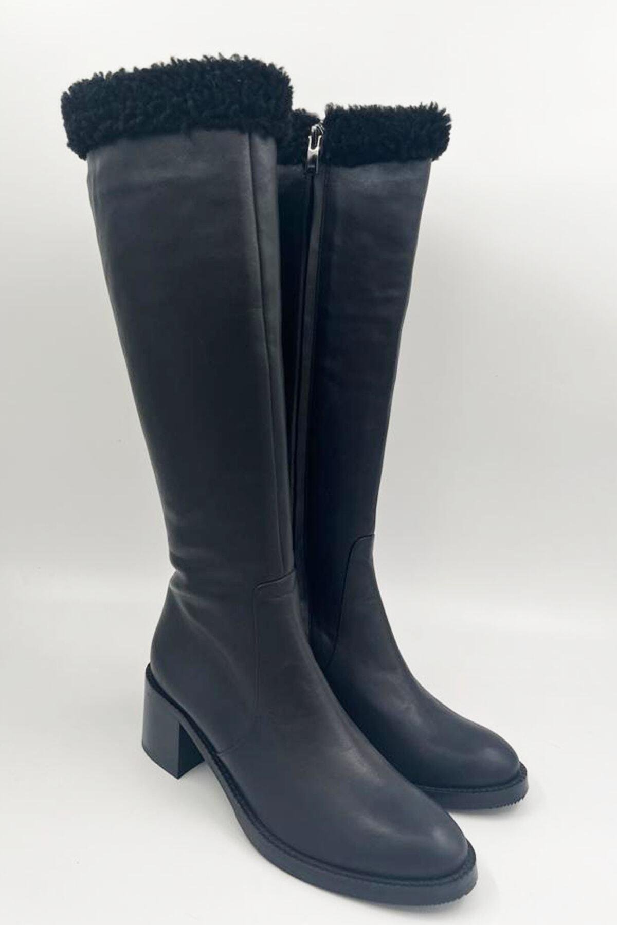 Kadın Deri Çizme Kürk Detaylı Siyah