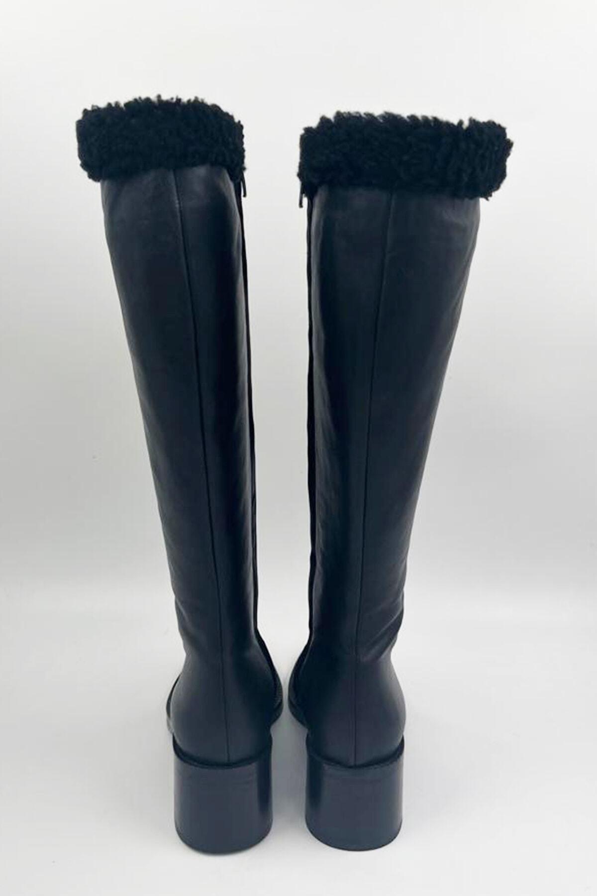 Kadın Deri Çizme Kürk Detaylı Siyah