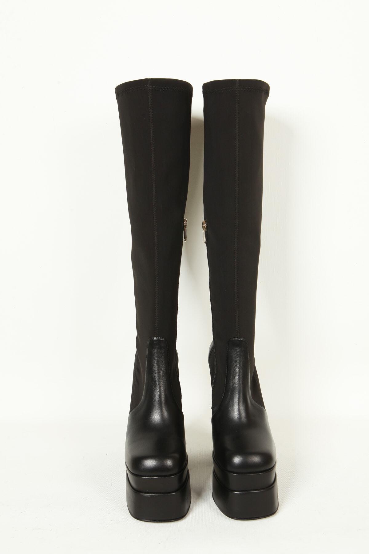 Kadın Deri Çizme Platformlu Siyah Streç