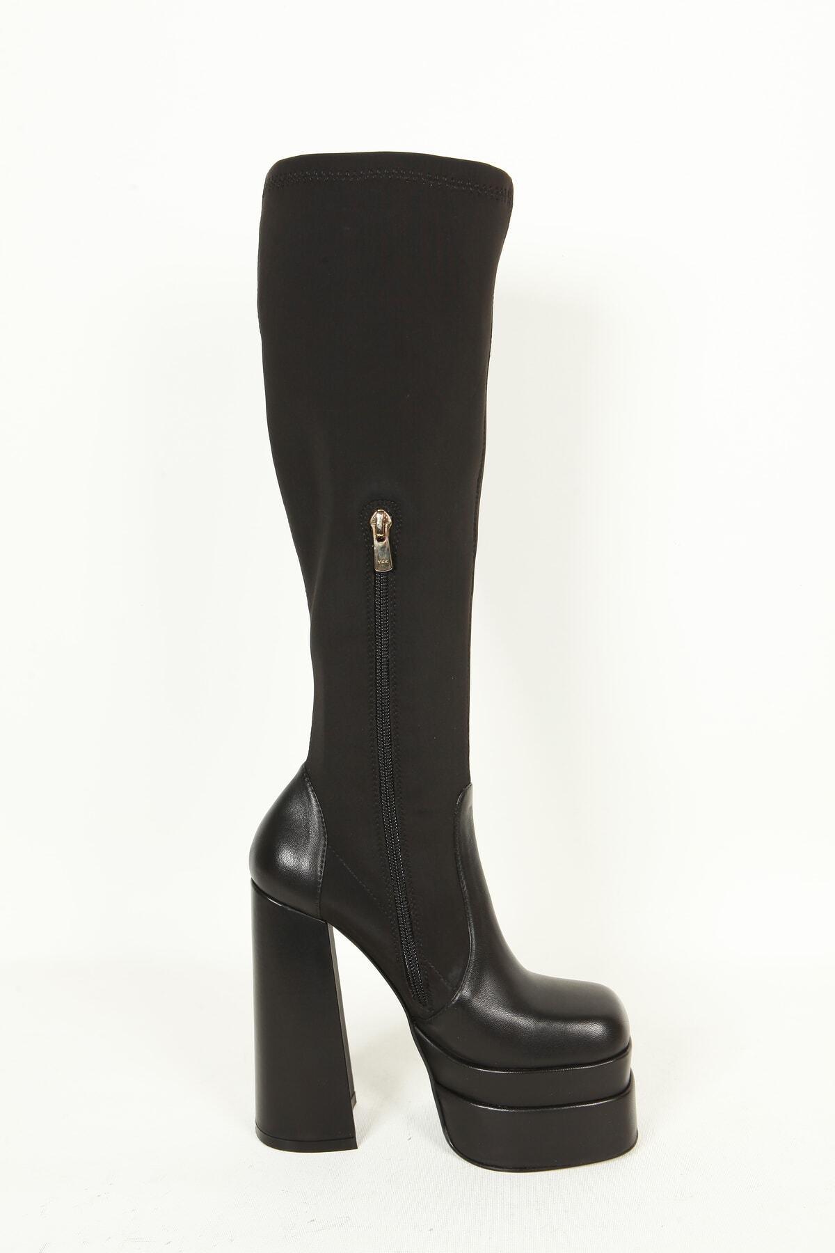 Kadın Deri Çizme Platformlu Siyah Streç