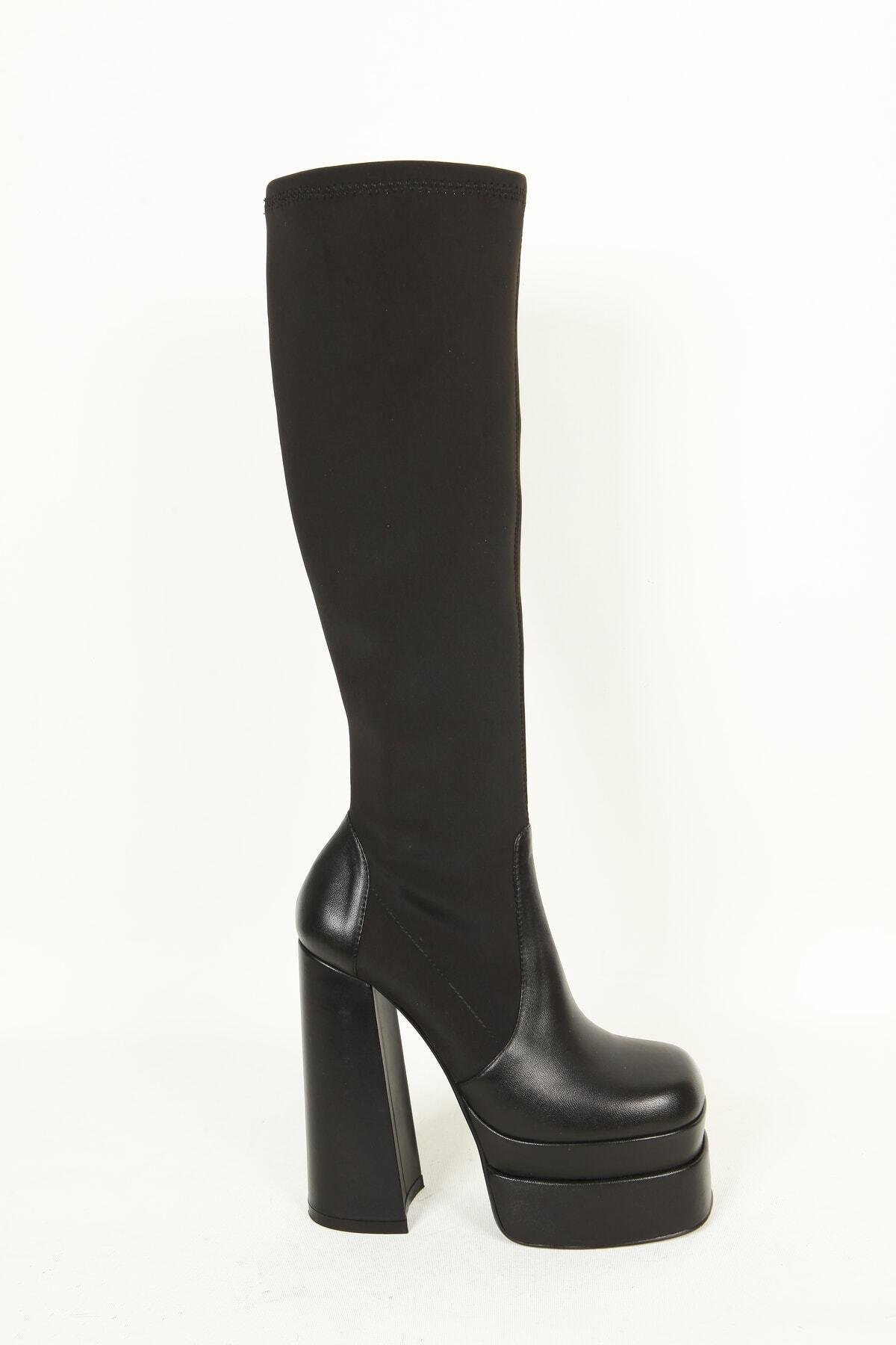 Kadın Deri Çizme Platformlu Siyah Streç