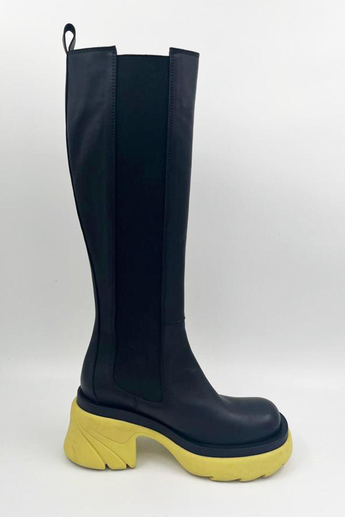 Kadın Deri Çizme Sarı Taban Siyah