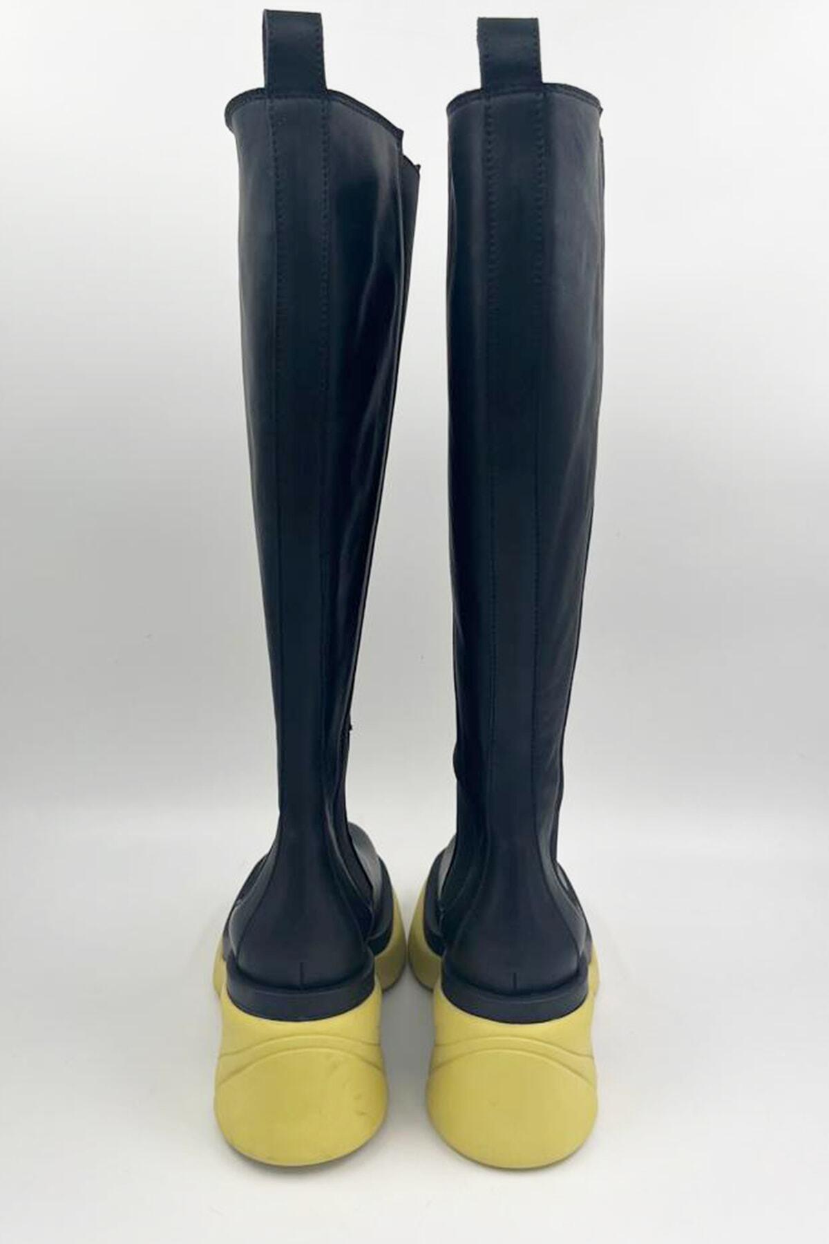 Kadın Deri Çizme Sarı Taban Siyah