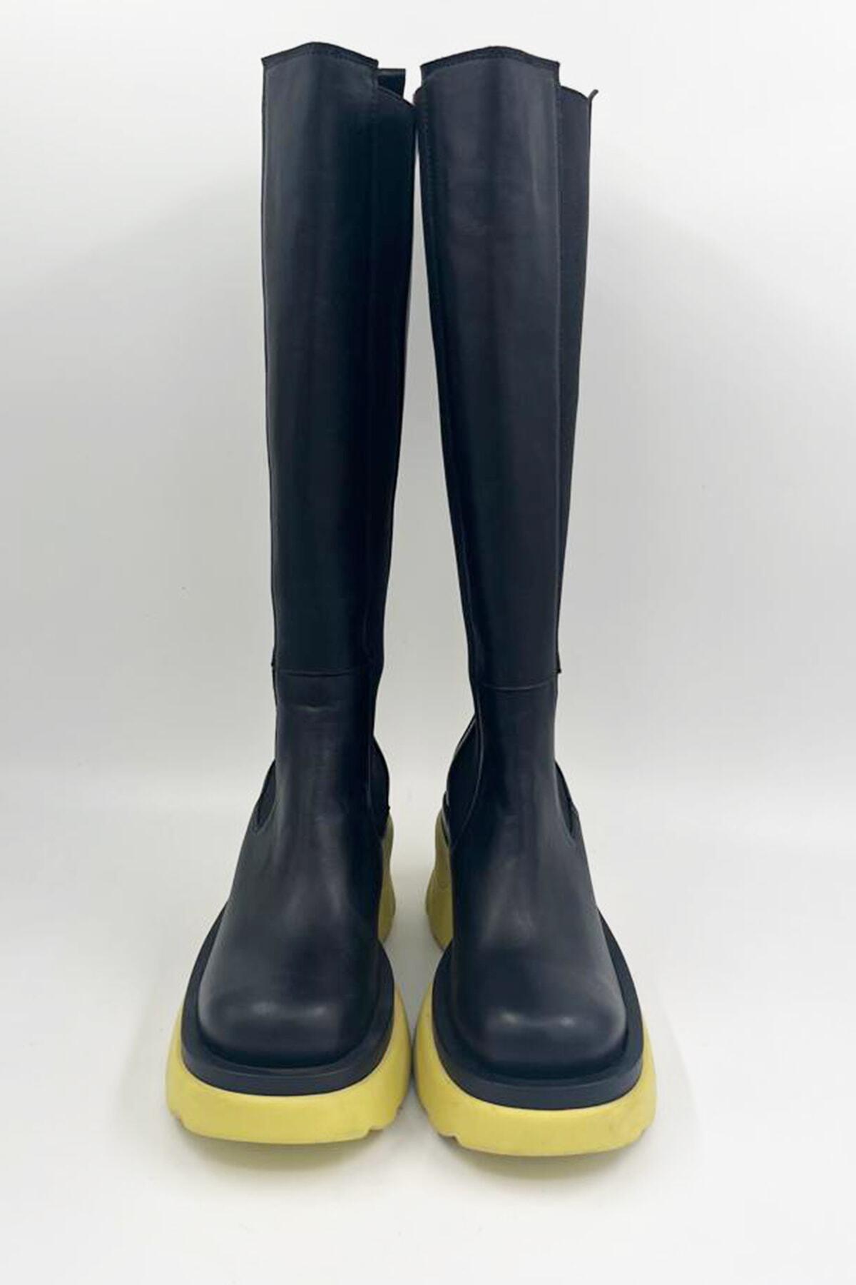 Kadın Deri Çizme Sarı Taban Siyah