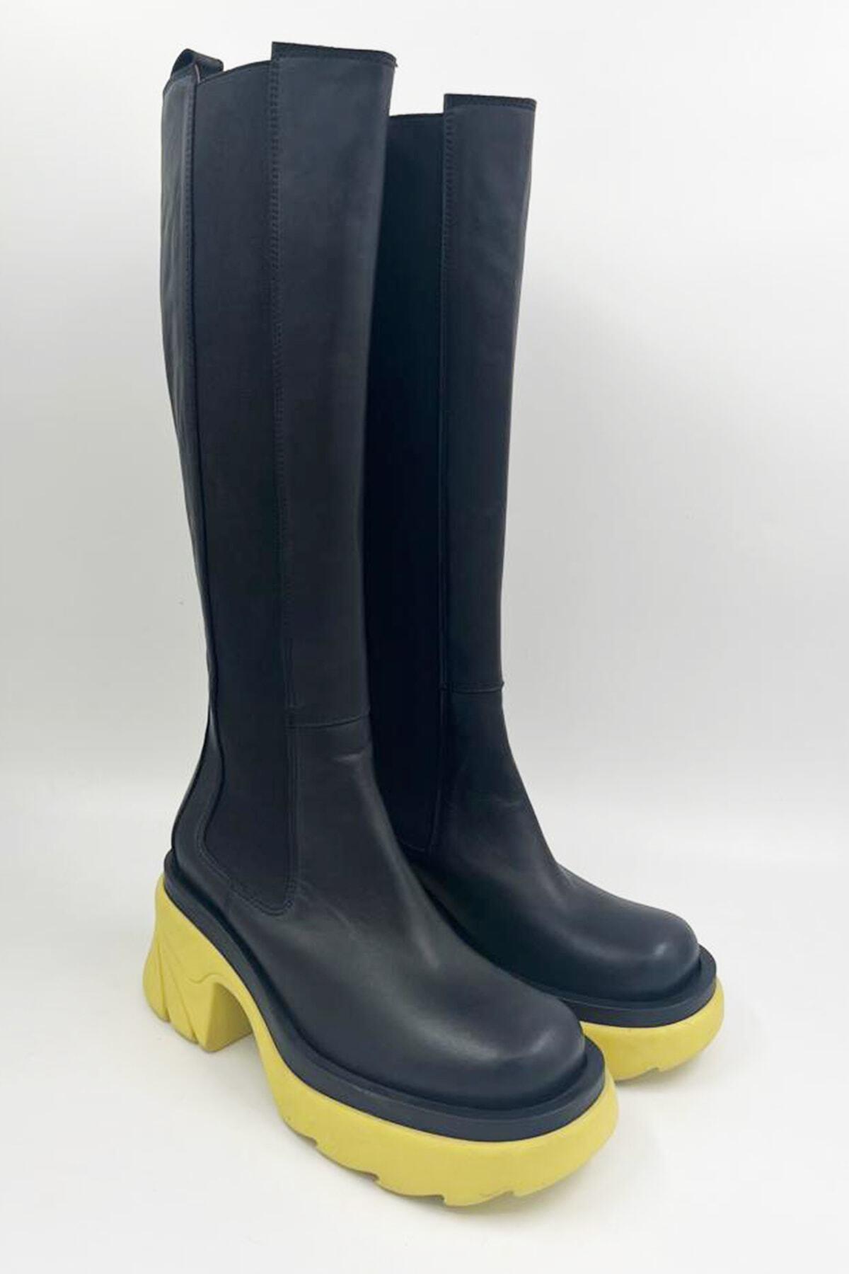 Kadın Deri Çizme Sarı Taban Siyah